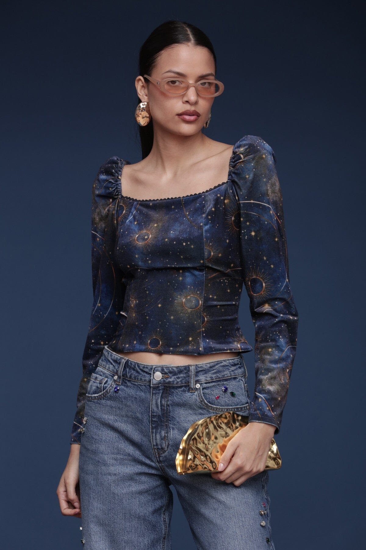 Gold celestial velvet multicolor top with square neckline, fitted silhouette and long puff sleeves - Shop designer women's tops by Avec Les Filles