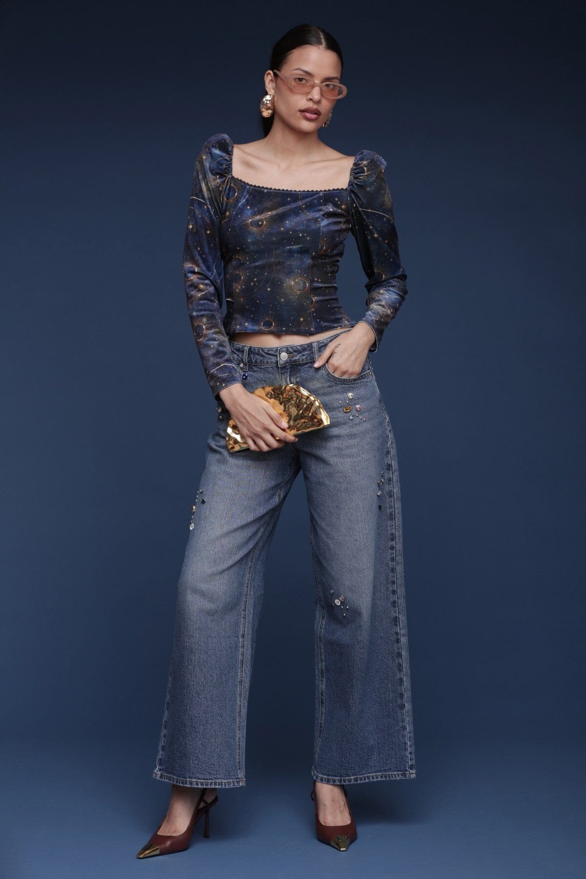 Gold celestial velvet multicolor top with square neckline, fitted silhouette and long puff sleeves - Shop designer women's tops by Avec Les Filles