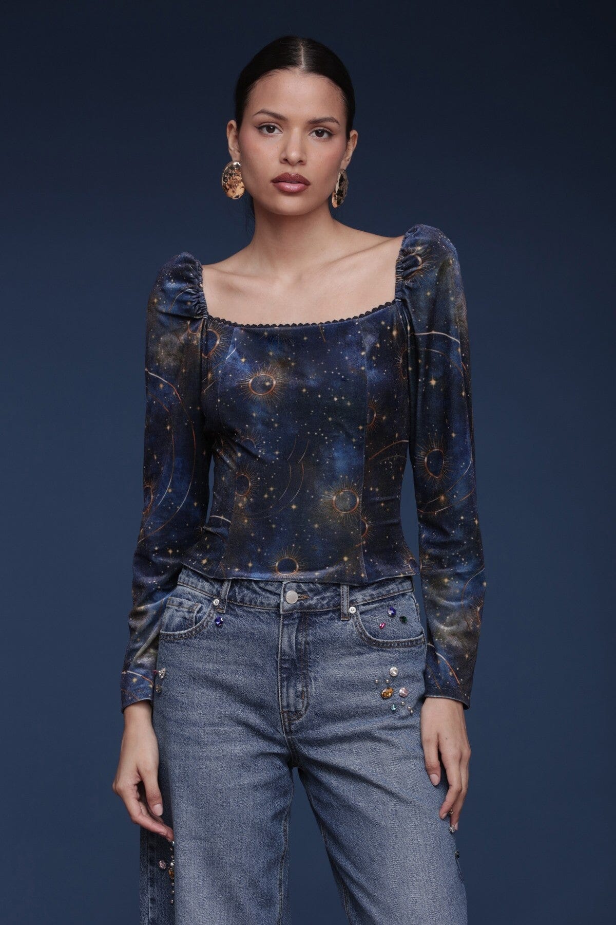 Gold celestial velvet multicolor top with square neckline, fitted silhouette and long puff sleeves - Shop designer women's tops by Avec Les Filles