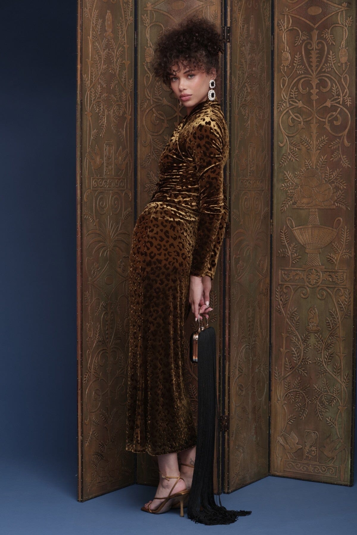 Leopard motif velvet ruched midi skirt with high-rise waist and flattering fit - Shop cute women's midi skirts by Avec Les Filles