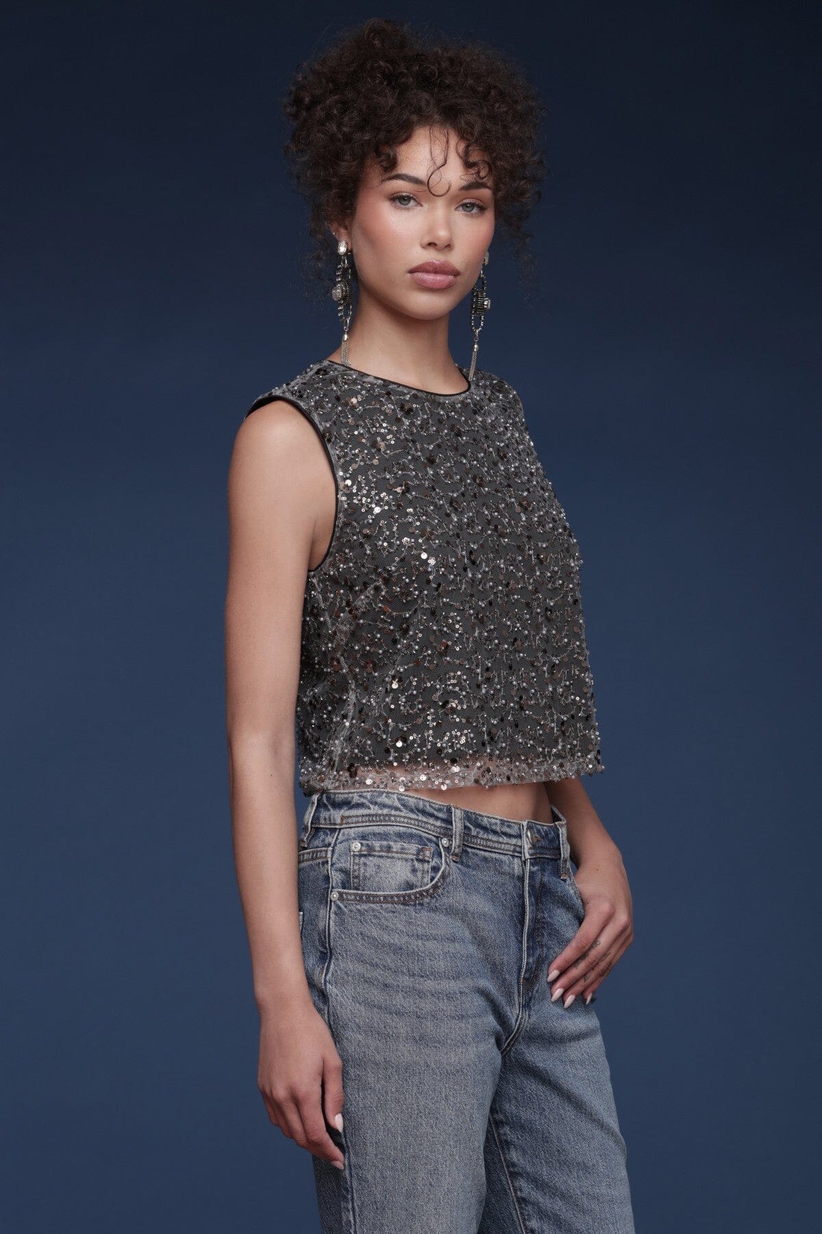 Sequin mesh grey sleeveless crop top with round neckline and keyhole button closure - Shop designer women's crop tops by Avec Les Filles