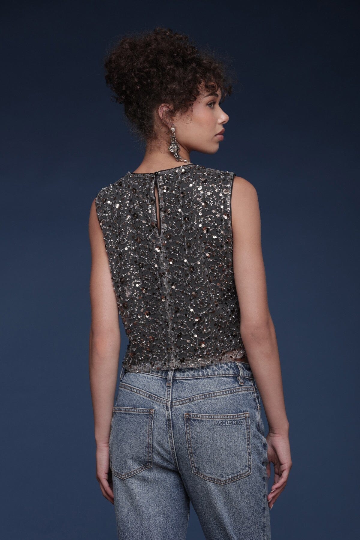 Sequin mesh grey sleeveless crop top with round neckline and keyhole button closure - Shop designer women's crop tops by Avec Les Filles