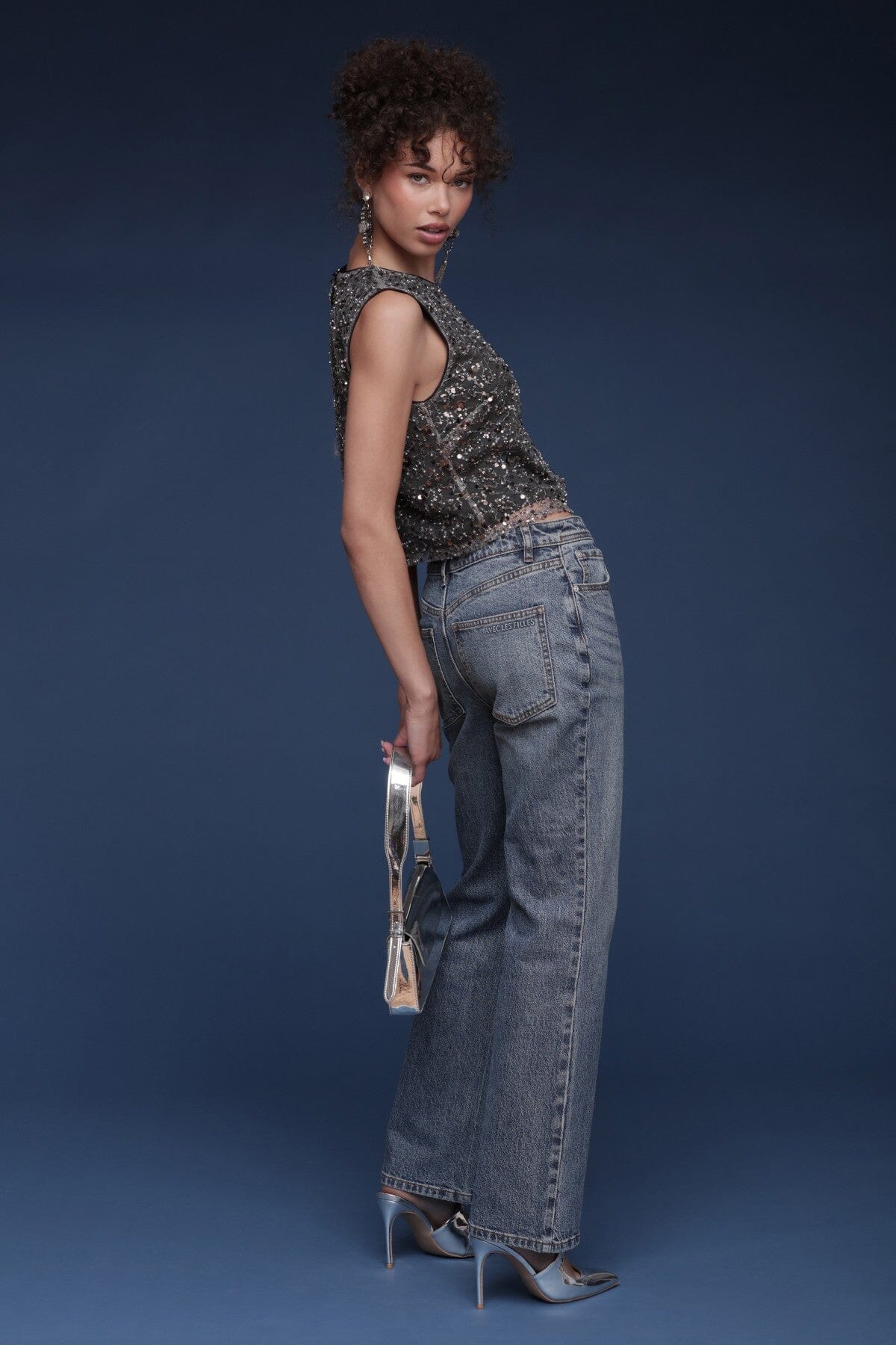 Sequin mesh grey sleeveless crop top with round neckline and keyhole button closure - Shop designer women's crop tops by Avec Les Filles