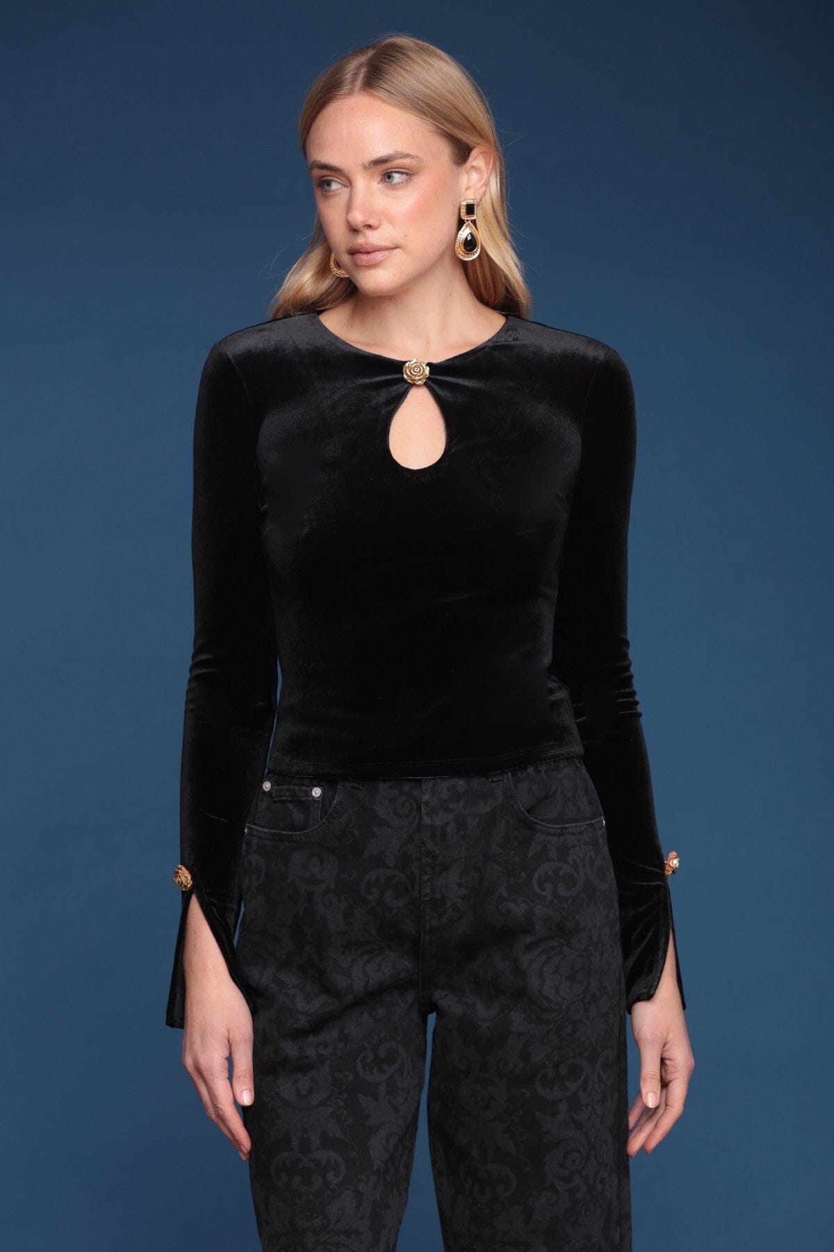 Rose button black velvet top with long sleeves, a round neckline, and a front keyhole cutout - Shop designer women's tops by Avec Les Filles