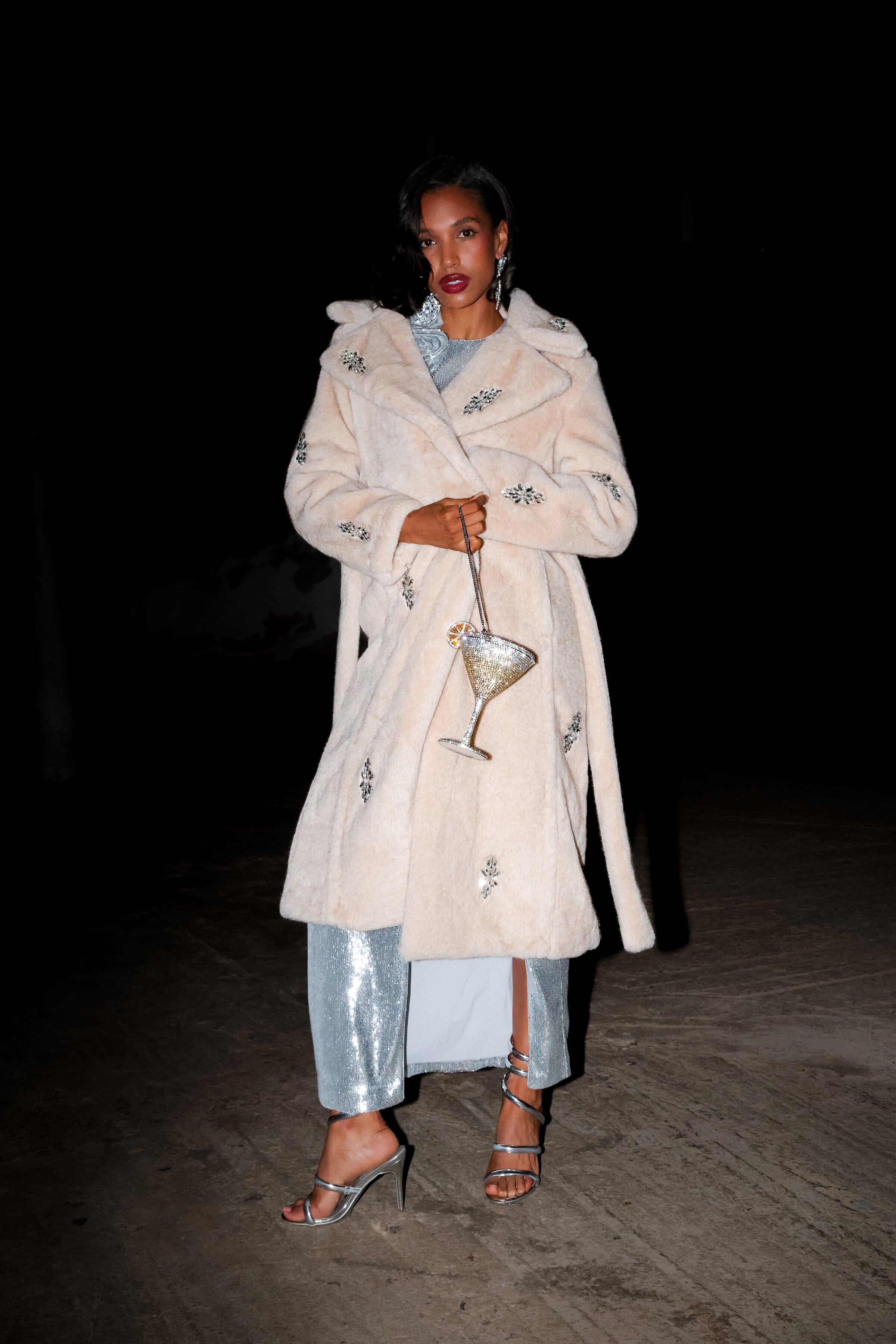 Crystal embellished faux fur grey wrap coat with detachable belt, button closure and notched lapel collar - Shop designer women's long coats by Avec Les Filles.