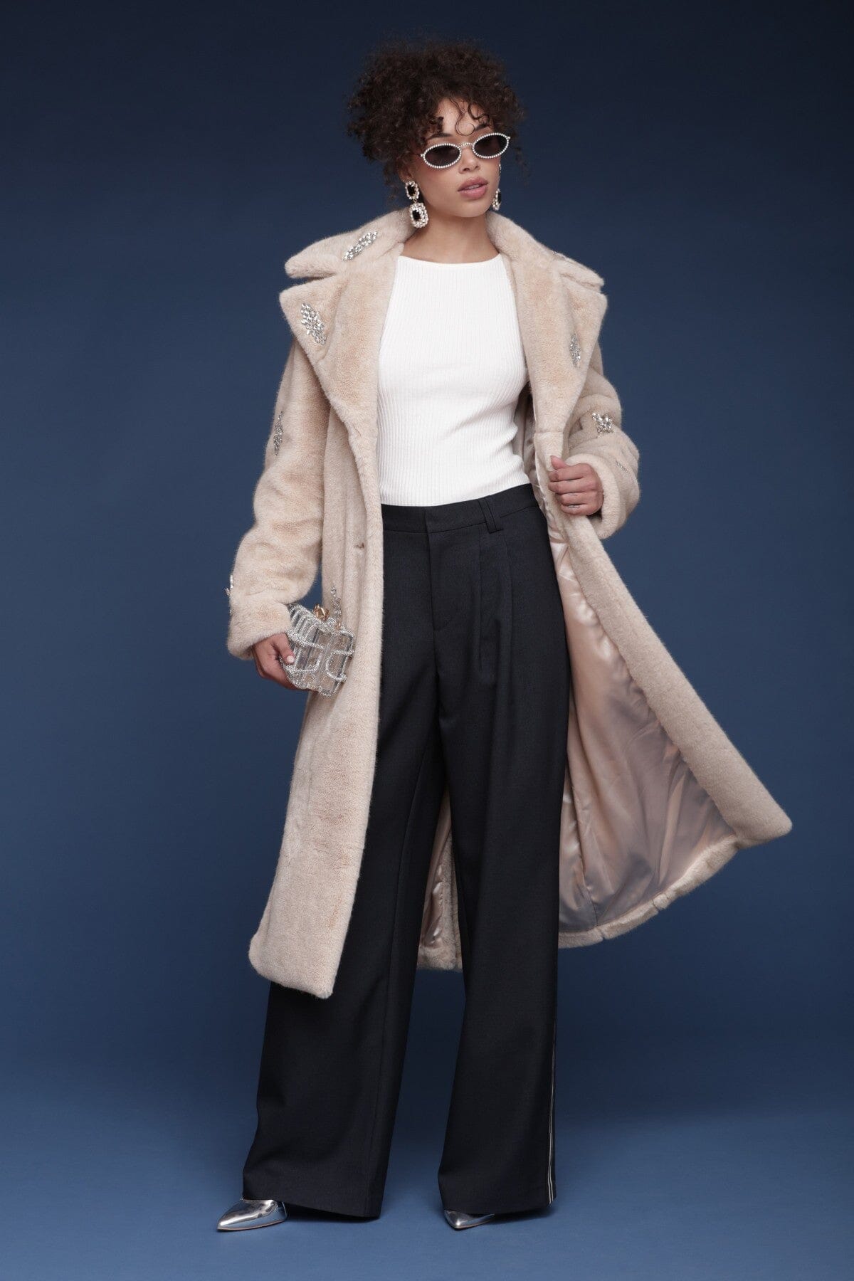 Crystal embellished faux fur grey wrap coat with detachable belt, button closure and notched lapel collar - Shop designer women's long coats by Avec Les Filles.