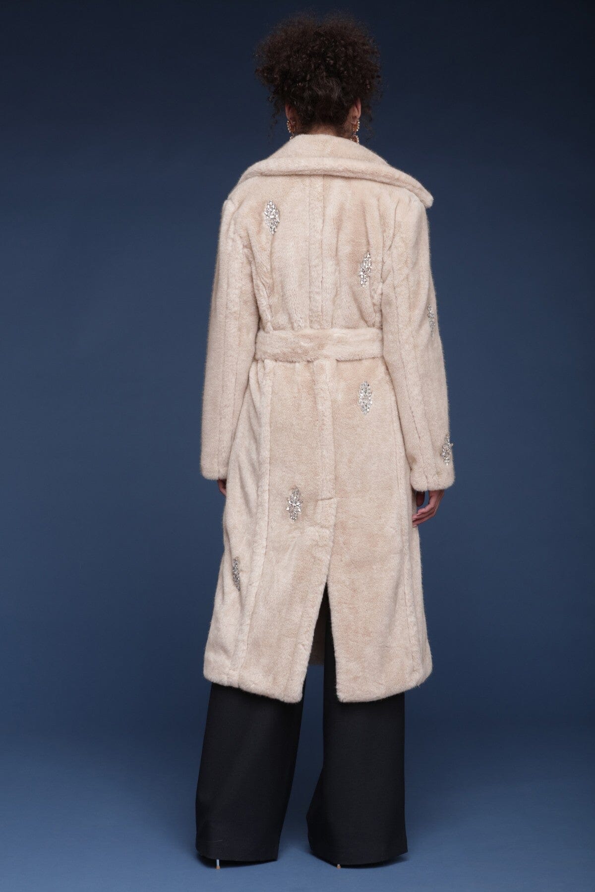 Crystal embellished faux fur grey wrap coat with detachable belt, button closure and notched lapel collar - Shop designer women's long coats by Avec Les Filles.