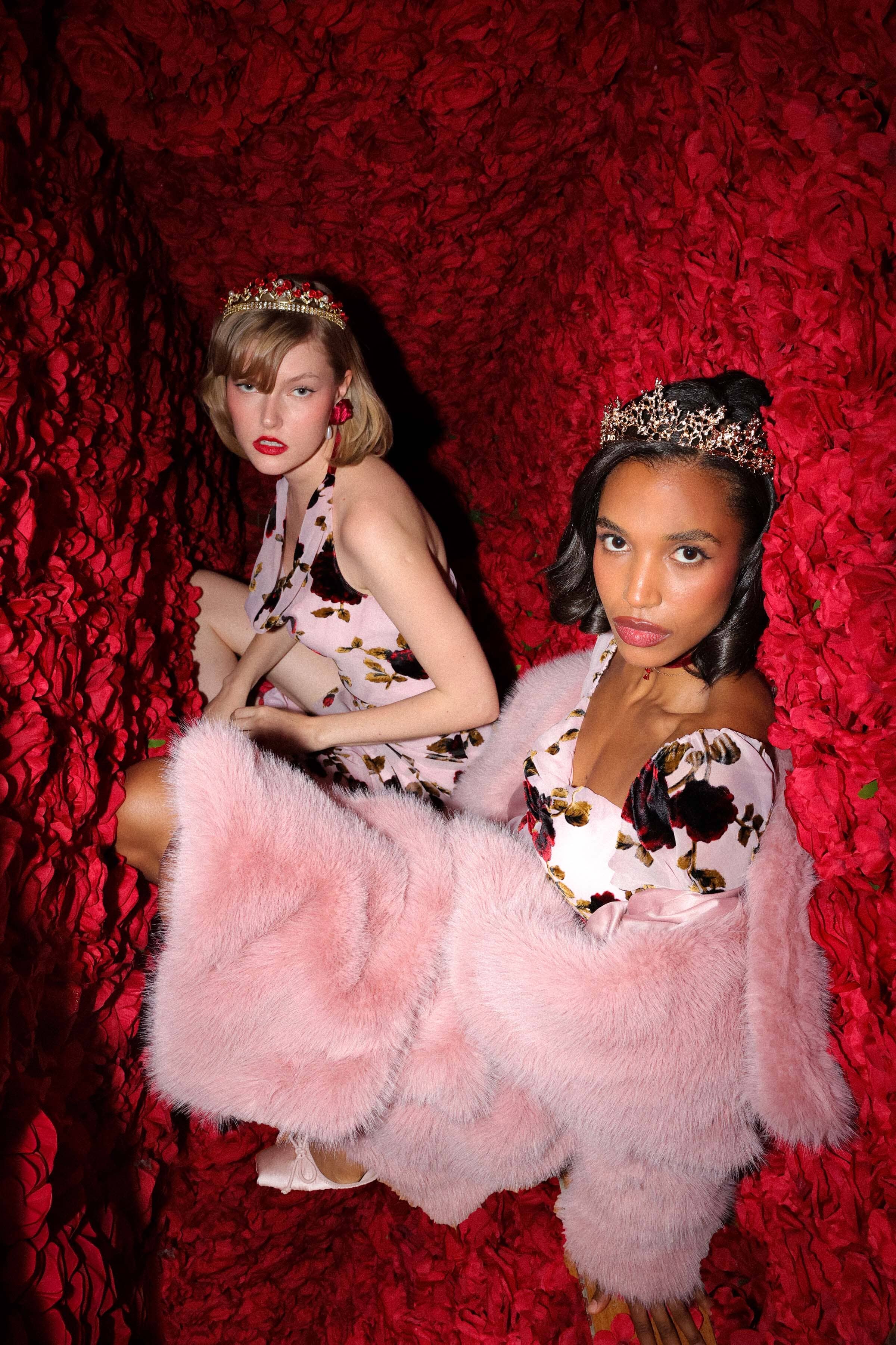 Oversized faux fur double-breasted pink midi coat with a wide notched lapel collar and side welt pockets - Shop designer women’s midi coats by Avec Les Filles.