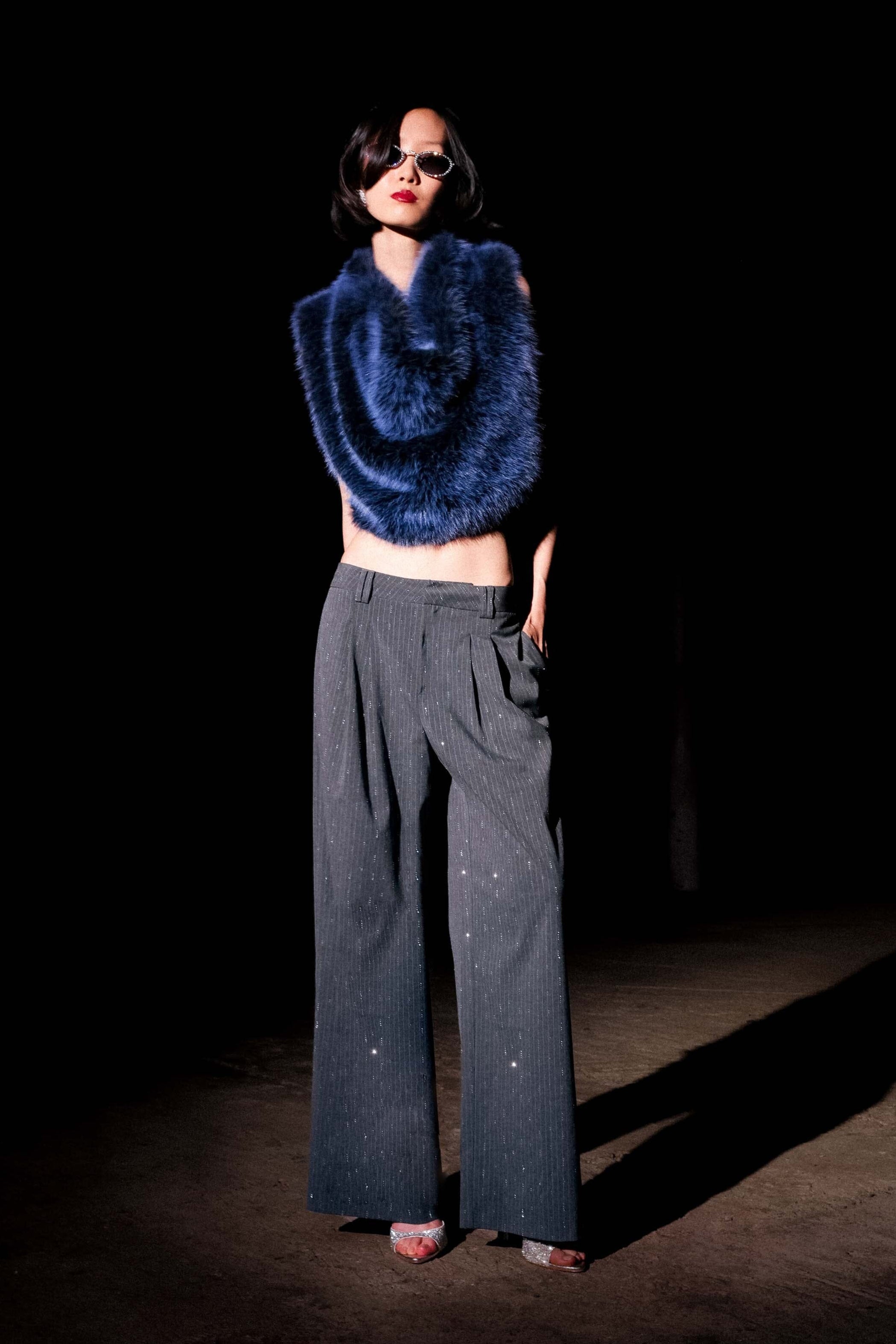 Crystal grey pinstripe wide-leg trouser with front pleats for a tailored structure and flap pockets - Shop designer women's trousers pants by Avec Les Filles