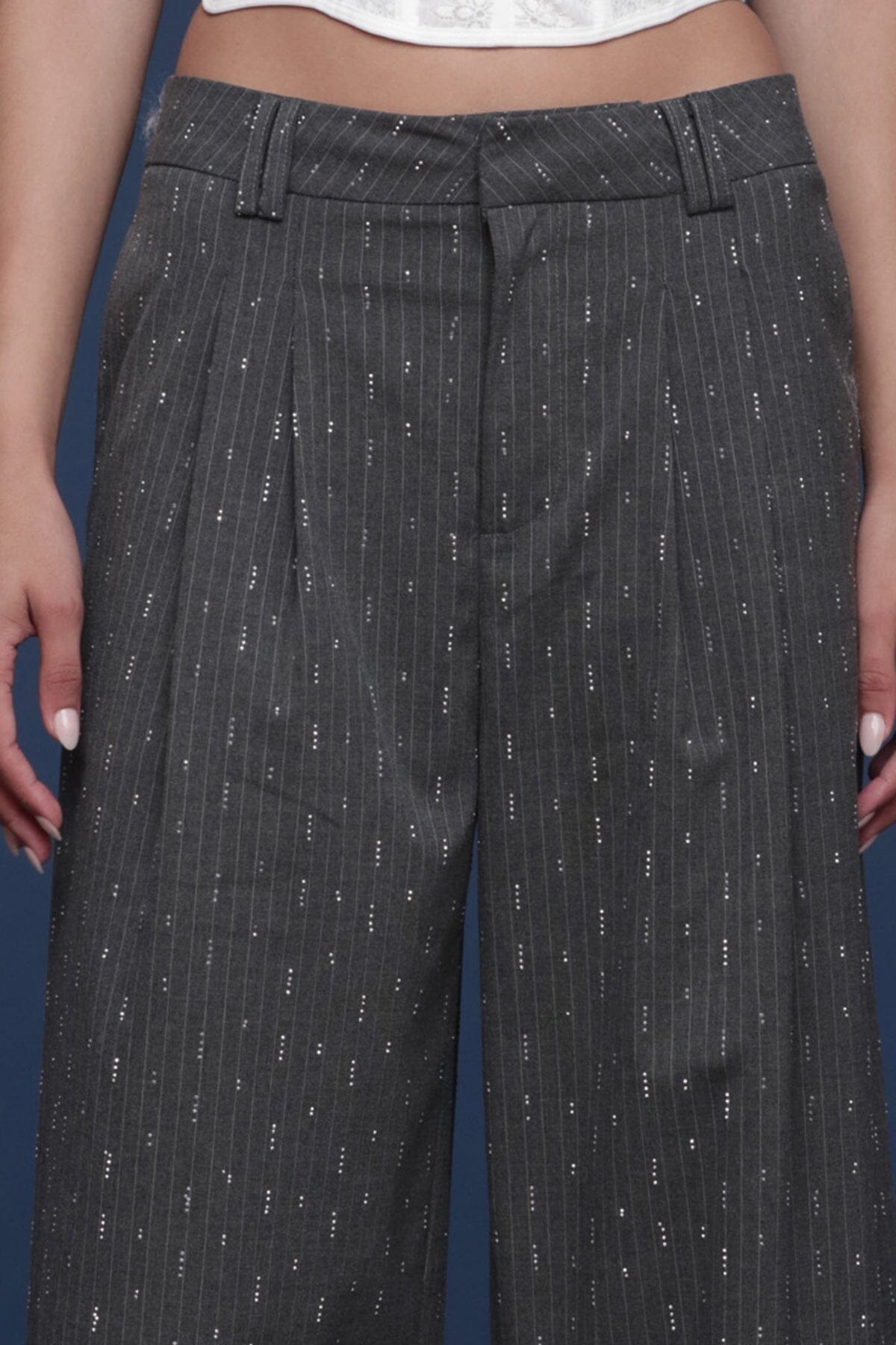 Crystal grey pinstripe wide-leg trouser with front pleats for a tailored structure and flap pockets - Shop designer women's trousers pants by Avec Les Filles
