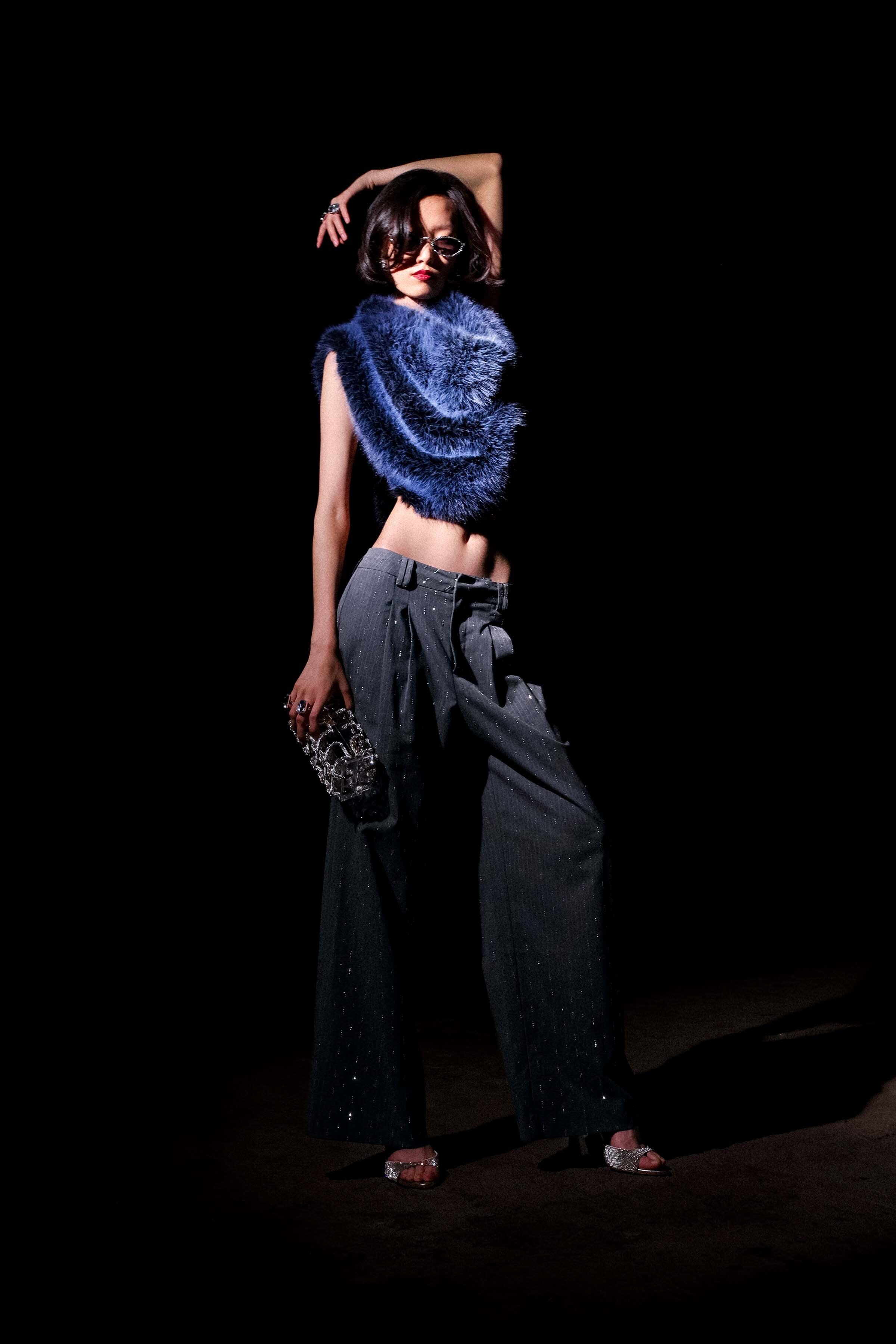 Crystal grey pinstripe wide-leg trouser with front pleats for a tailored structure and flap pockets - Shop designer women's trousers pants by Avec Les Filles