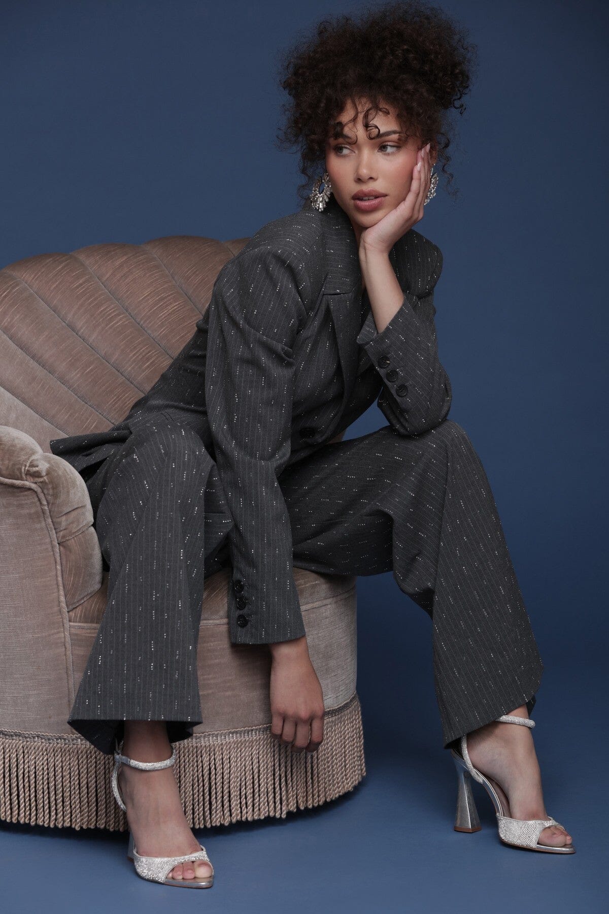 Crystal grey pinstripe wide-leg trouser with front pleats for a tailored structure and flap pockets - Shop designer women's trousers pants by Avec Les Filles