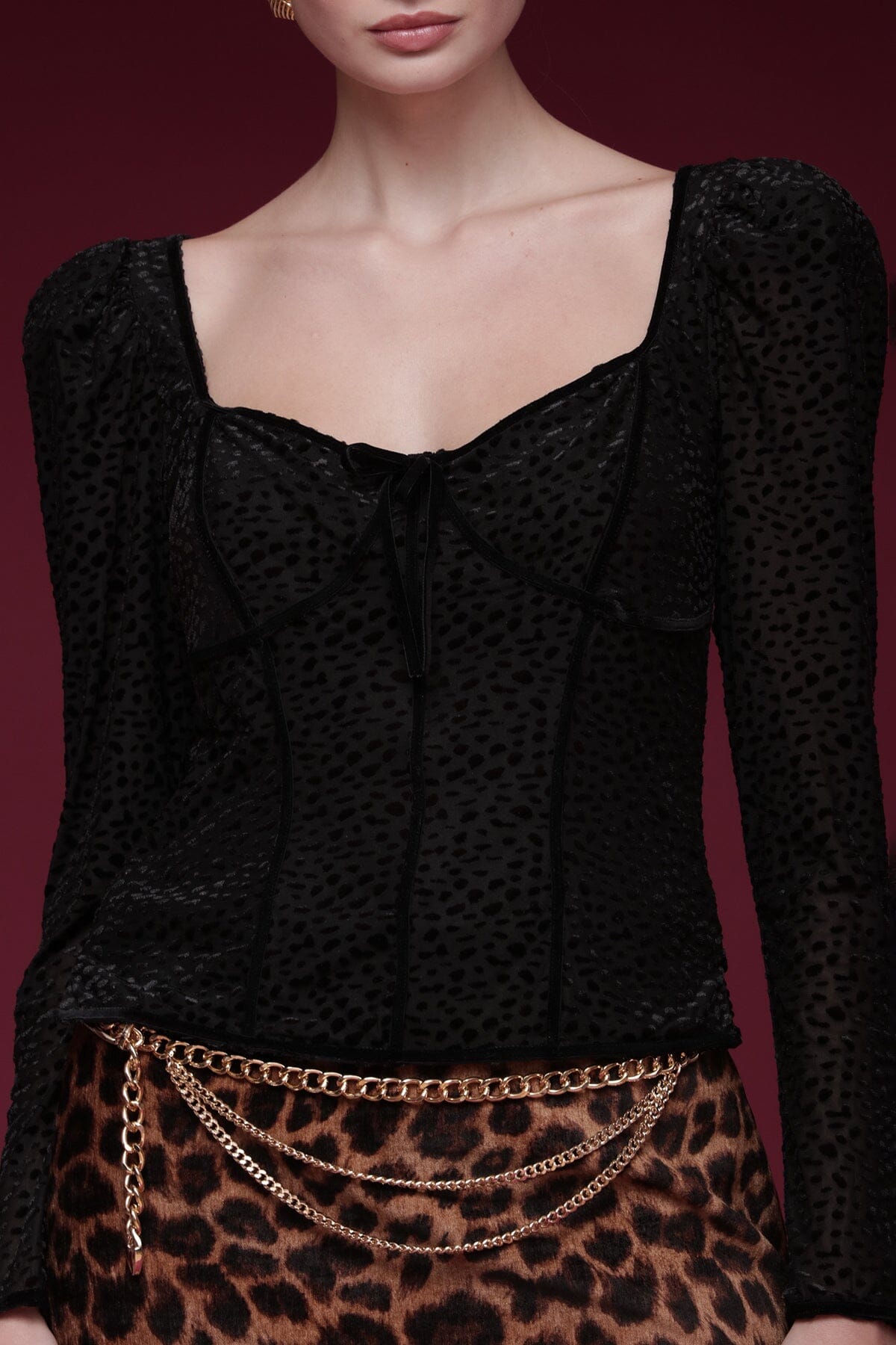 Animal-textured black velvet sweetheart top with long sheer puff sleeves with slight gathering - Shop designer women's tops by Avec Les Filles