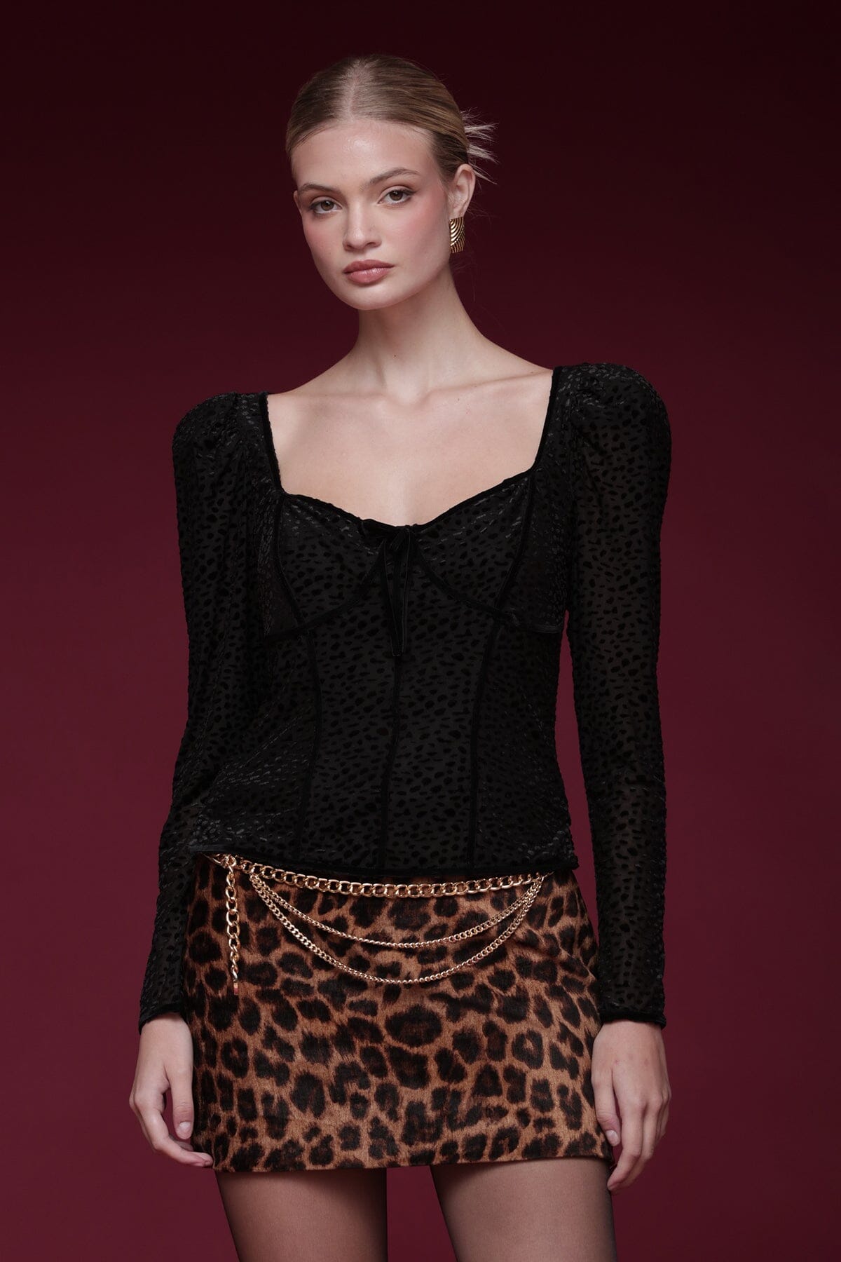 Animal-textured black velvet sweetheart top with long sheer puff sleeves with slight gathering - Shop designer women's tops by Avec Les Filles