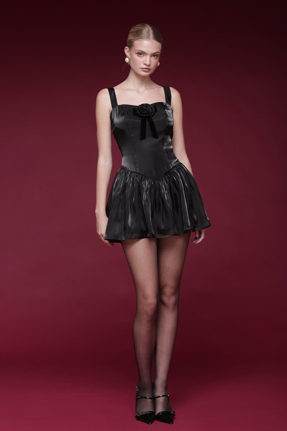 Organza drop-waist babydoll black mini dress with corset-style bodice and wide straps - Shop designer women's mini dresses by Avec Les Filles