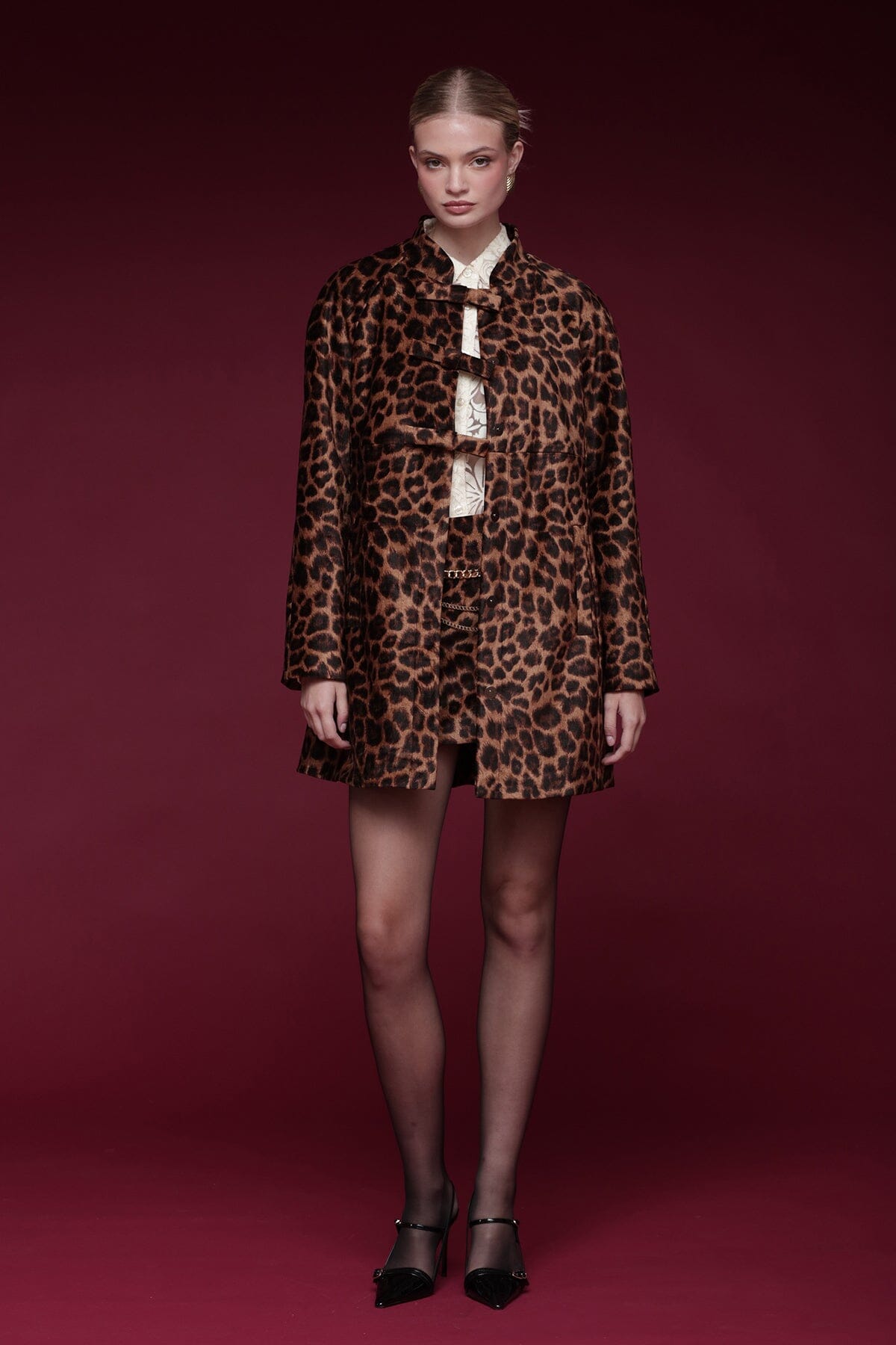 Bow-front leopard print topper coat with raglan sleeves and welt side pockets - Shop designer women's coats by Avec Les Filles