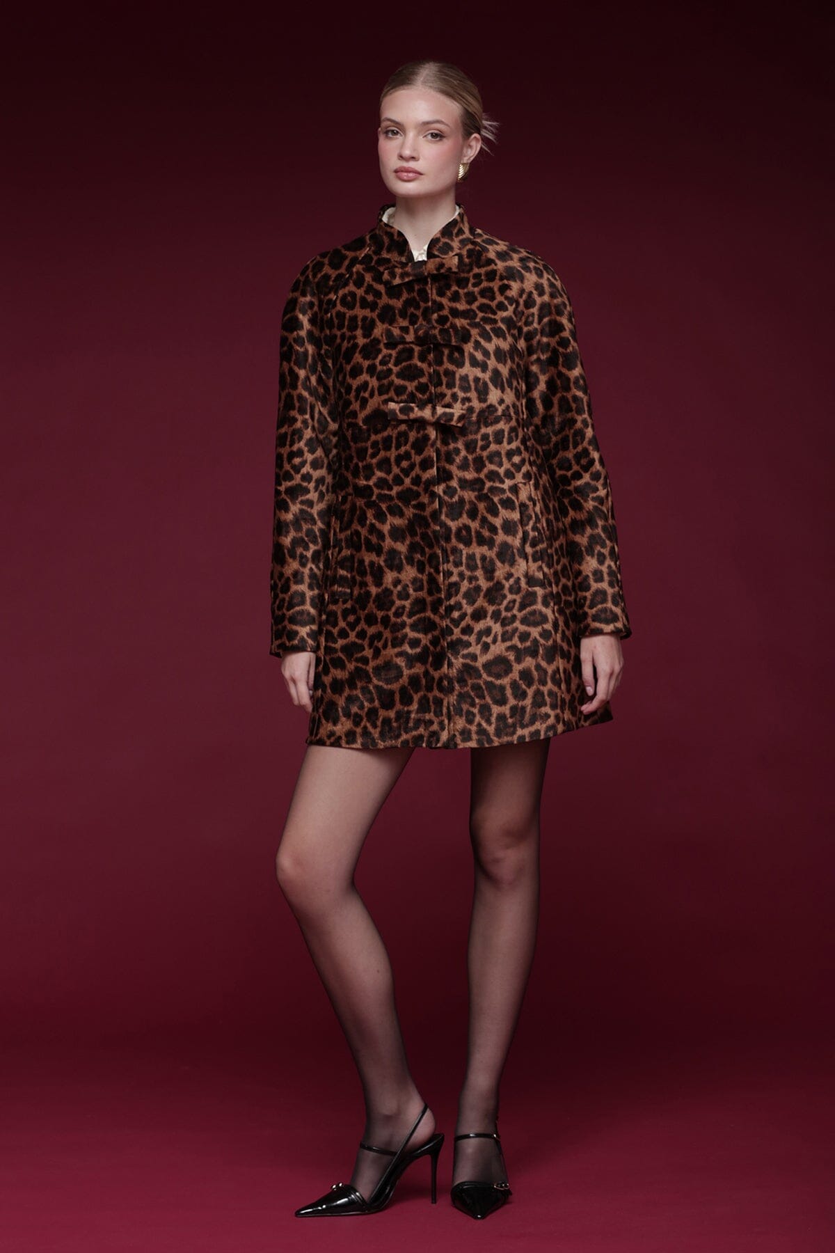 Bow-front leopard print topper coat with raglan sleeves and welt side pockets - Shop designer women's coats by Avec Les Filles