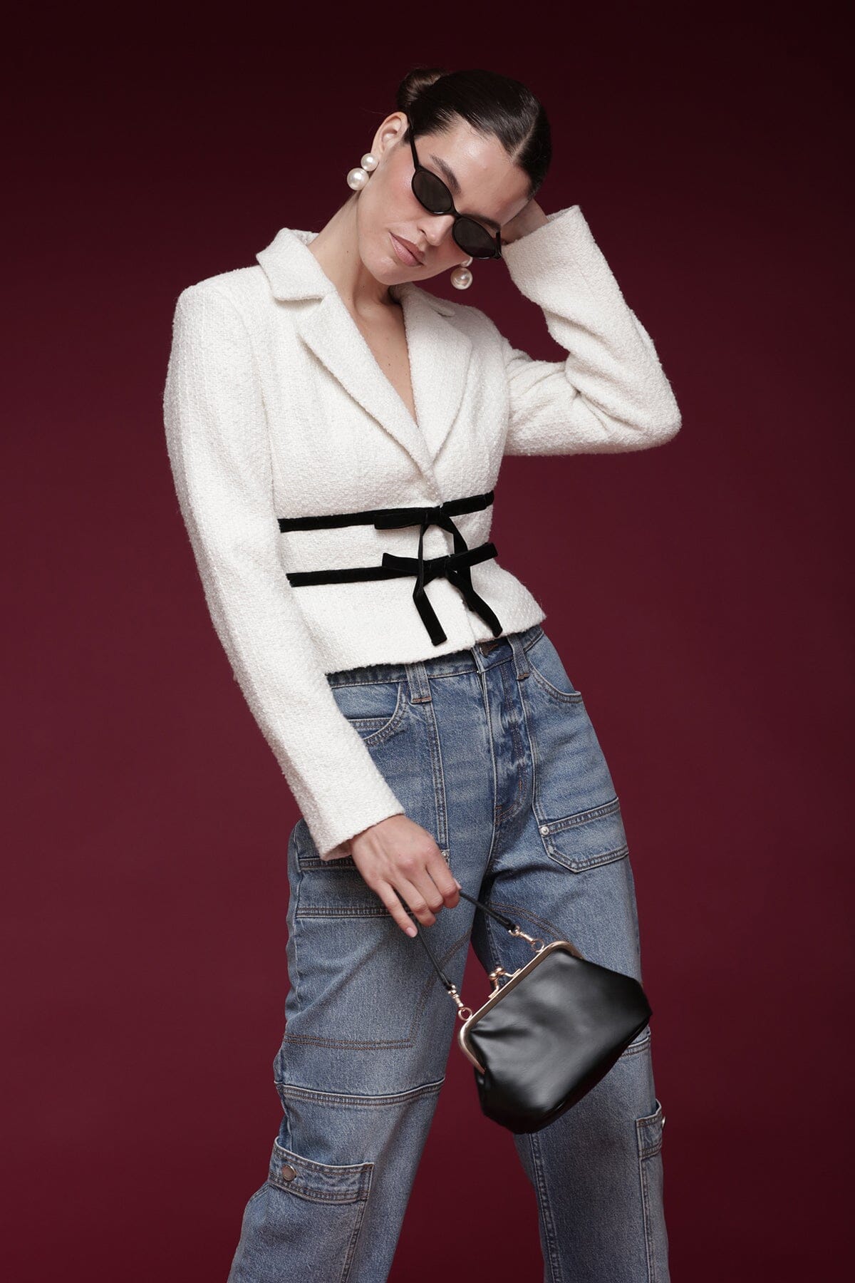 Velvet bow trim tweed cropped ivory jacket with notched lapels and long sleeves - Shop designer women's jackets by Avec Les Filles