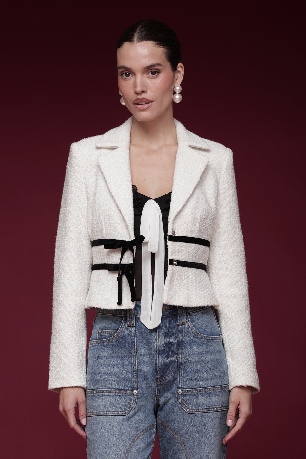 Velvet Bow Trim Tweed Cropped Ivory Jacket