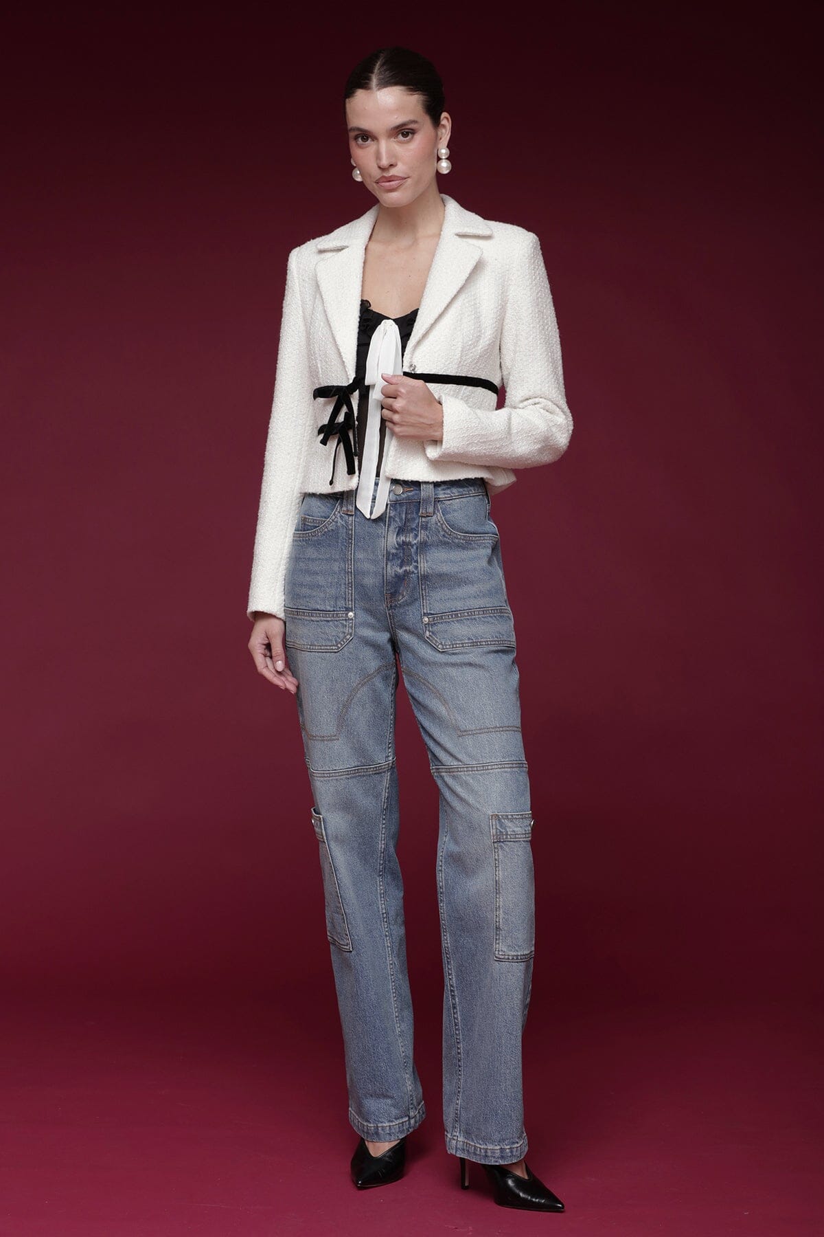 Velvet bow trim tweed cropped ivory jacket with notched lapels and long sleeves - Shop designer women's jackets by Avec Les Filles