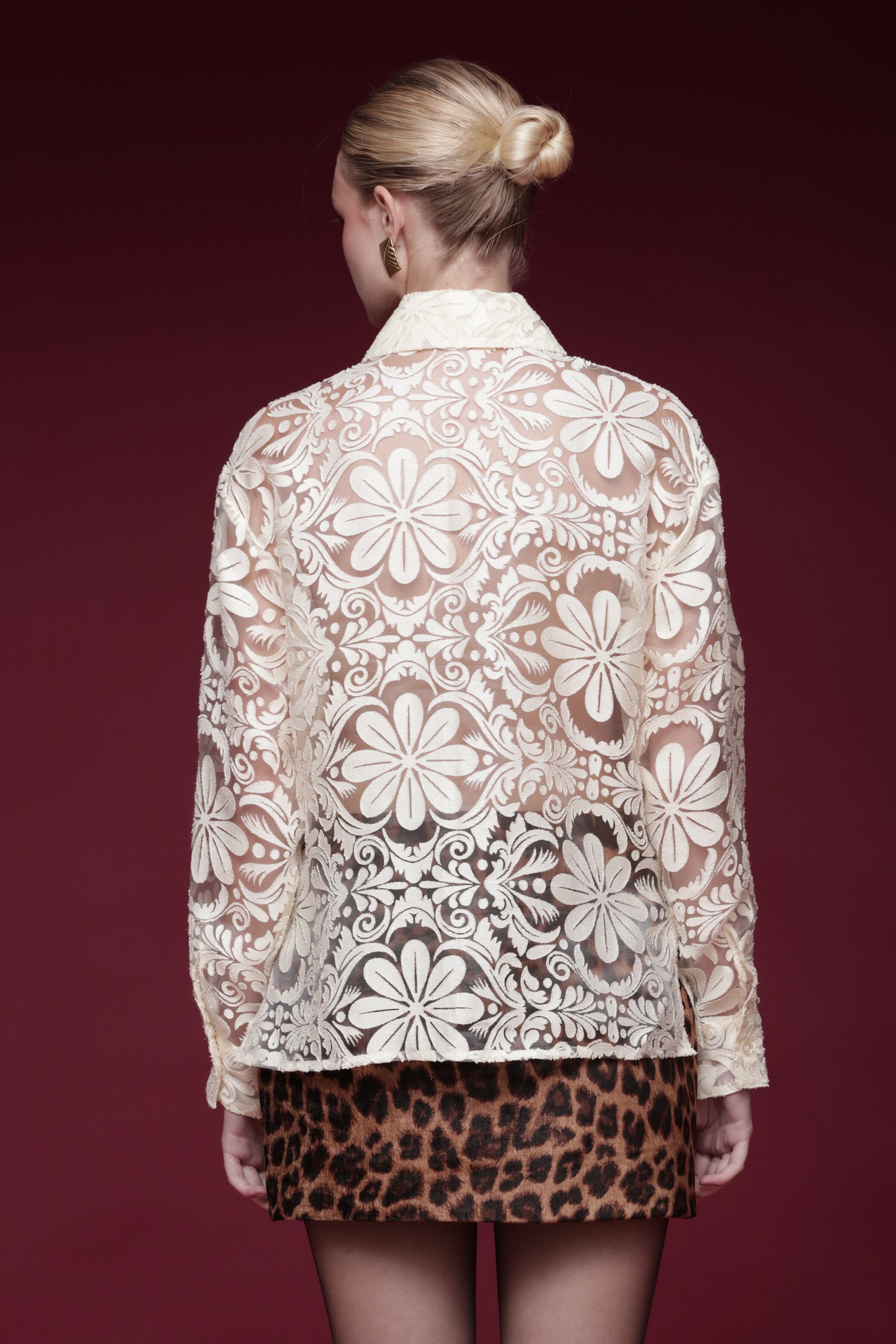 Sheer Floral Burnout Button-front off-white Shirt