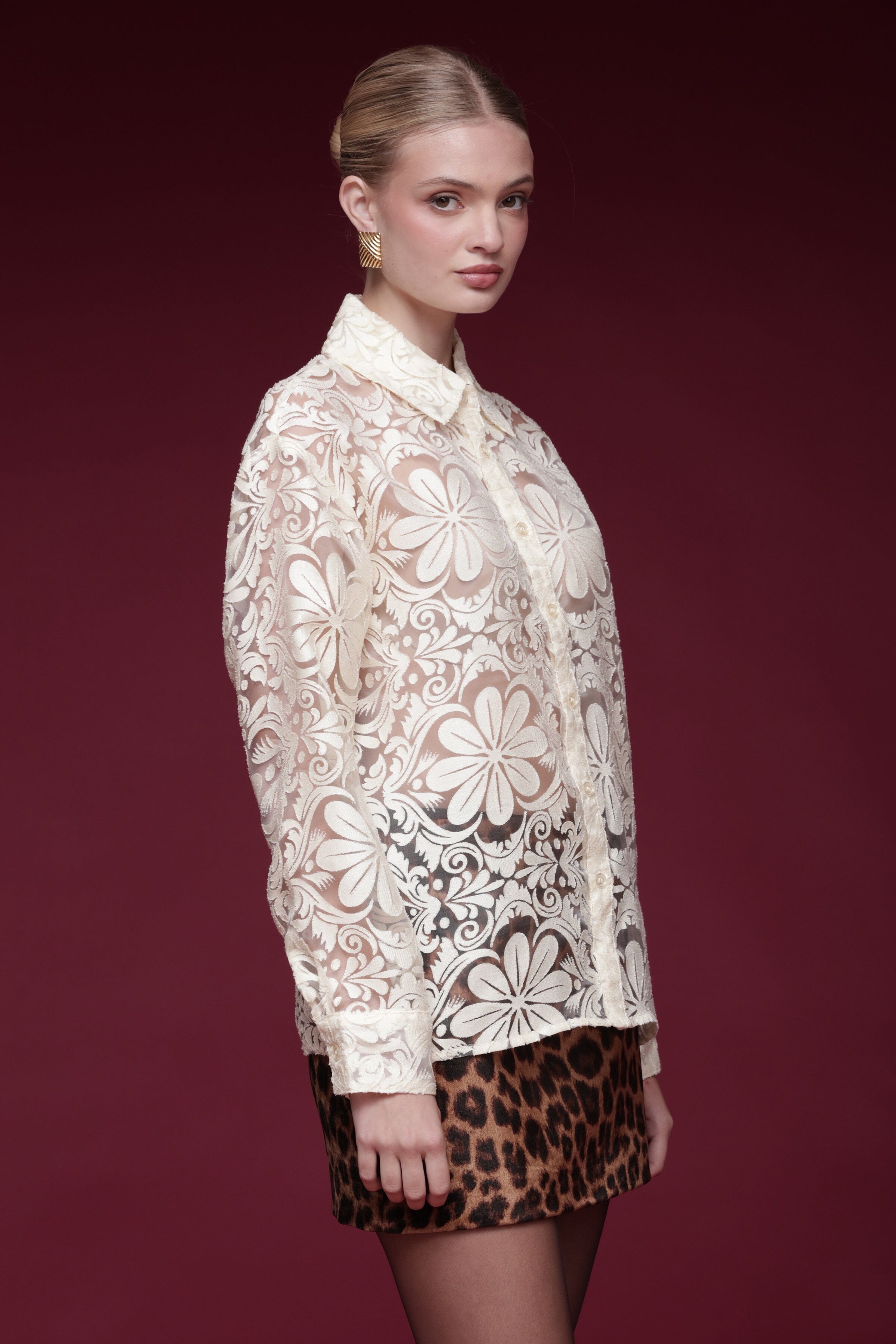 Sheer Floral Burnout Button-front off-white Shirt