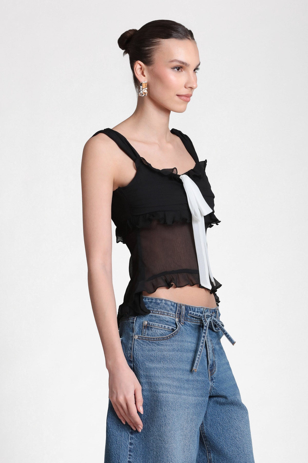 Contrast Bow Ruffle Chiffon Top Shirts & Tops Avec Les Filles 