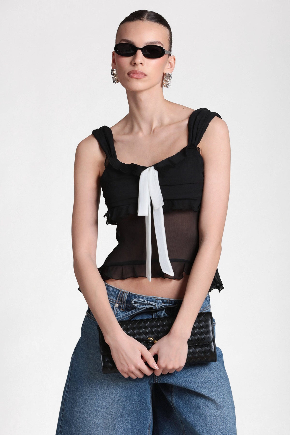 Contrast Bow Ruffle Chiffon Top Shirts & Tops Avec Les Filles 