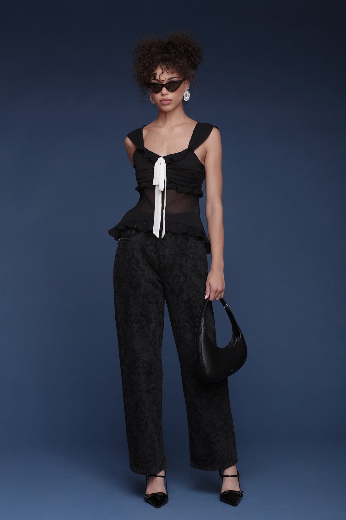 Contrast bow ruffle chiffon sleeveless black and white top with wide straps and a sheer waist panel - Shop designer women's tops by Avec Les Filles