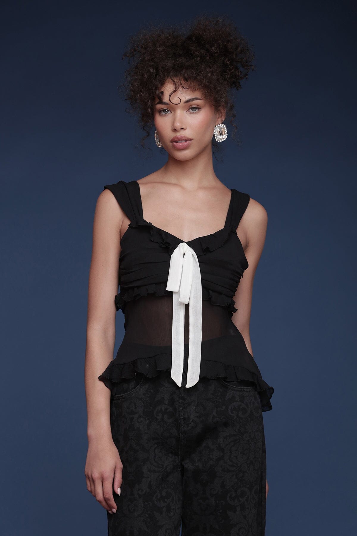 Contrast bow ruffle chiffon sleeveless black and white top with wide straps and a sheer waist panel - Shop designer women's tops by Avec Les Filles