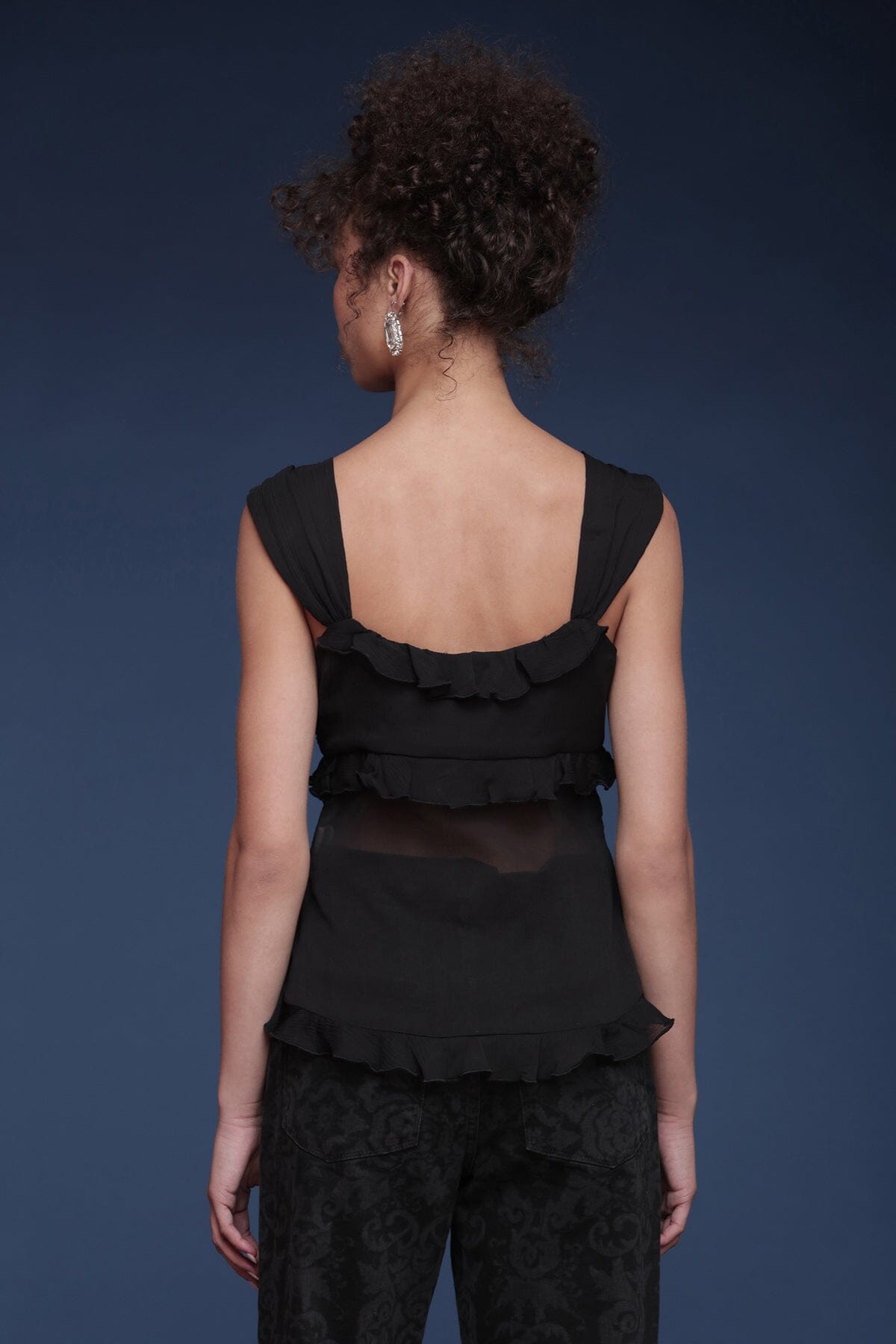 Contrast bow ruffle chiffon sleeveless black and white top with wide straps and a sheer waist panel - Shop designer women's tops by Avec Les Filles