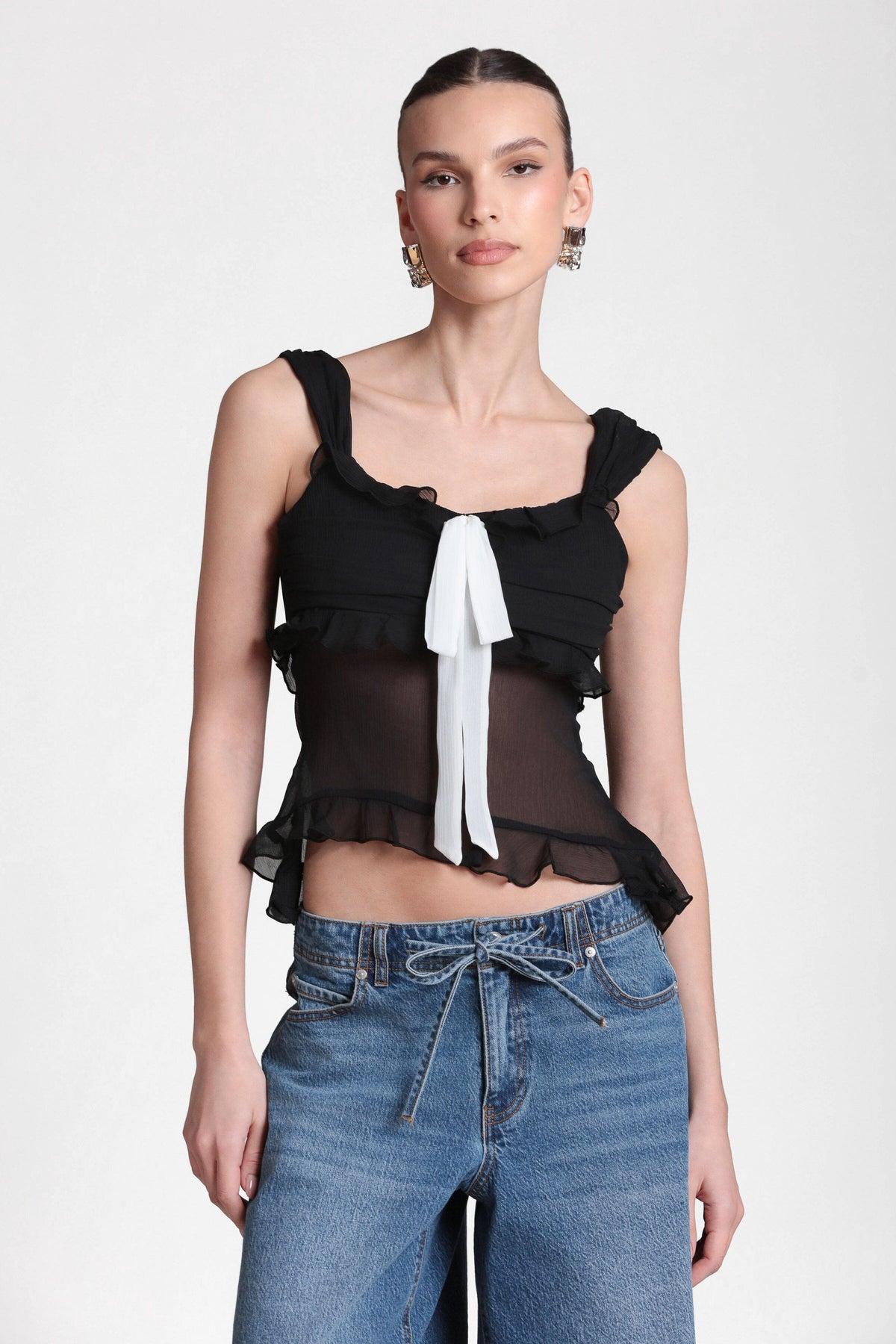 Contrast Bow Ruffle Chiffon Top Shirts & Tops Avec Les Filles 