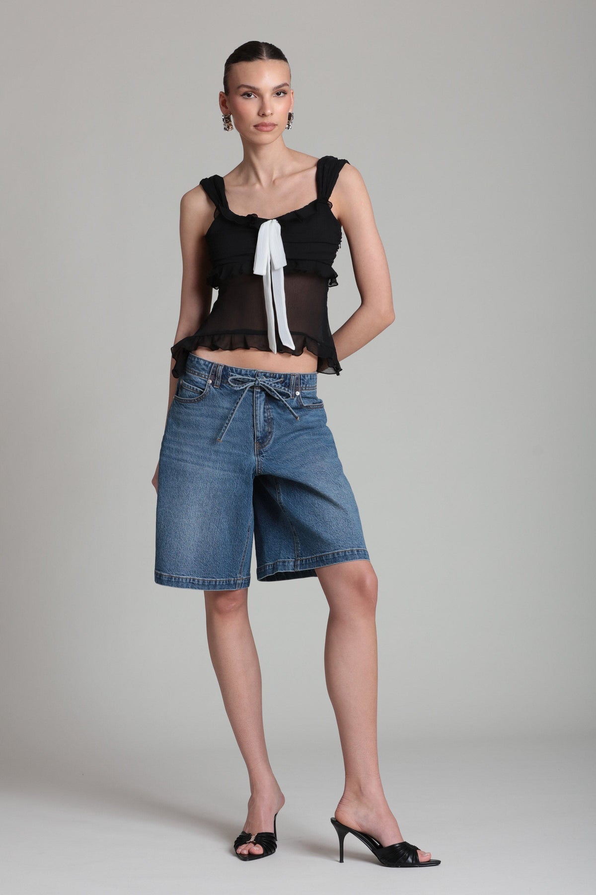Contrast bow ruffle chiffon sleeveless black and white top with wide straps - Shop women's tops by Avec Les Filles