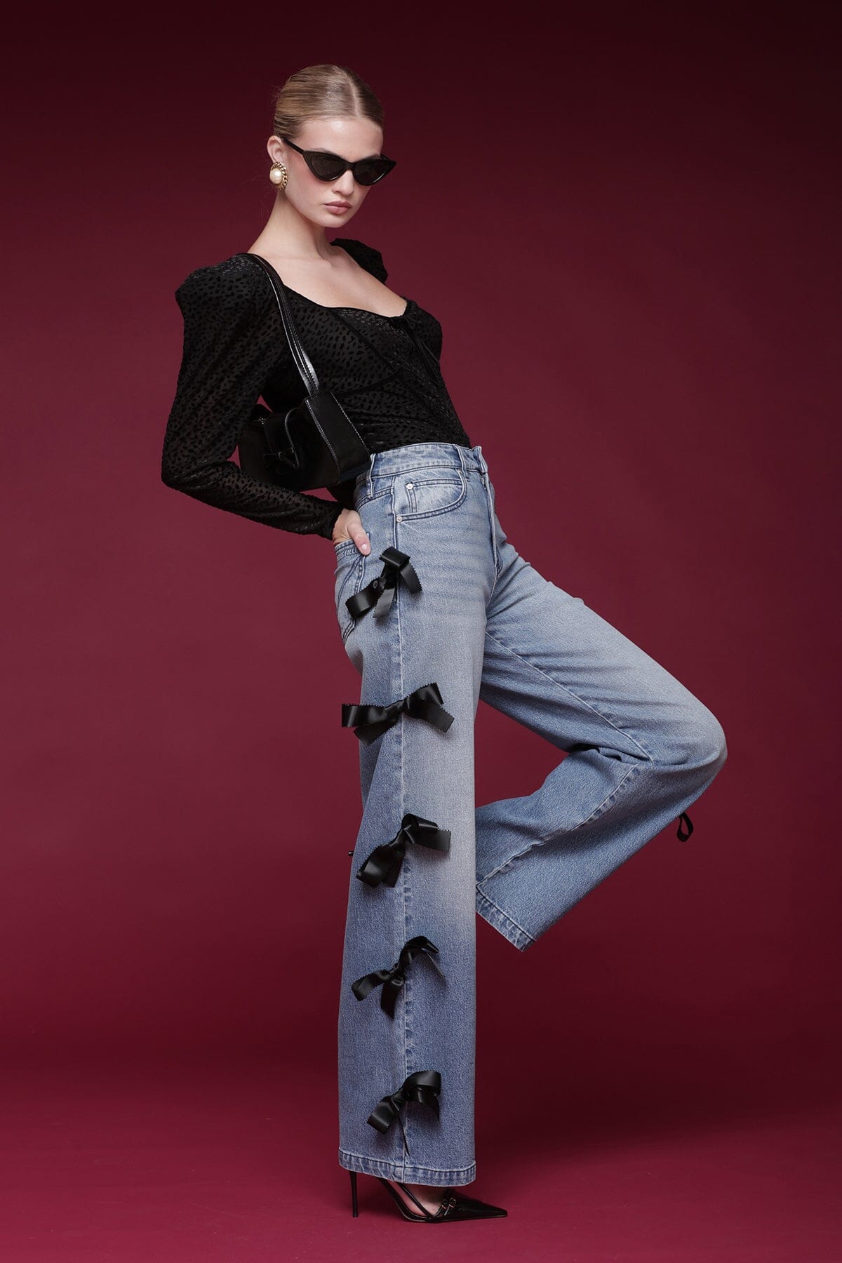 Bow trim wide-leg cotton-blend blue jeans with a high-rise waist and classic five-pocket design - Shop designer women's jeans by Avec Les Filles