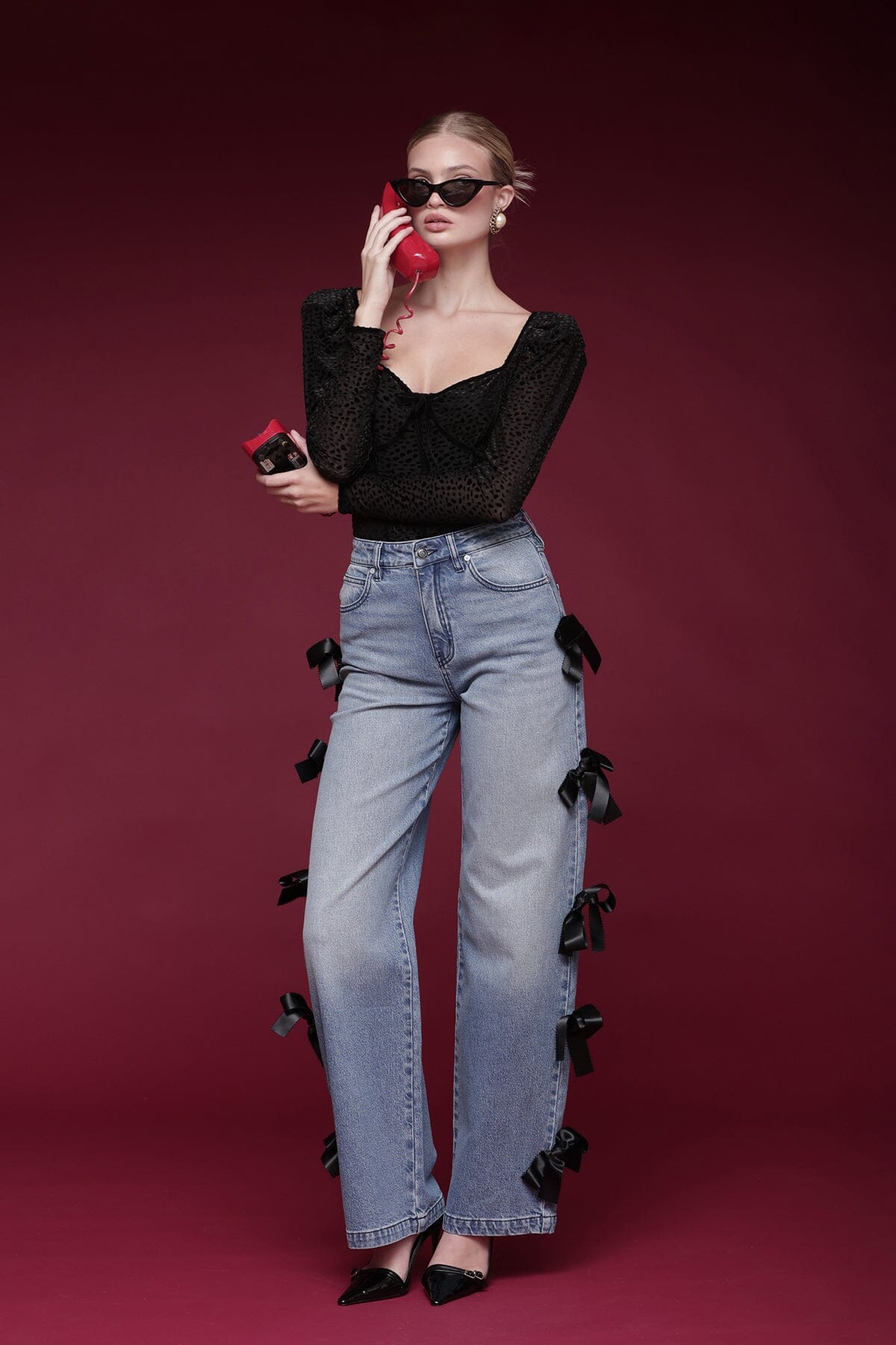 Bow trim wide-leg cotton-blend blue jeans with a high-rise waist and classic five-pocket design - Shop designer women's jeans by Avec Les Filles