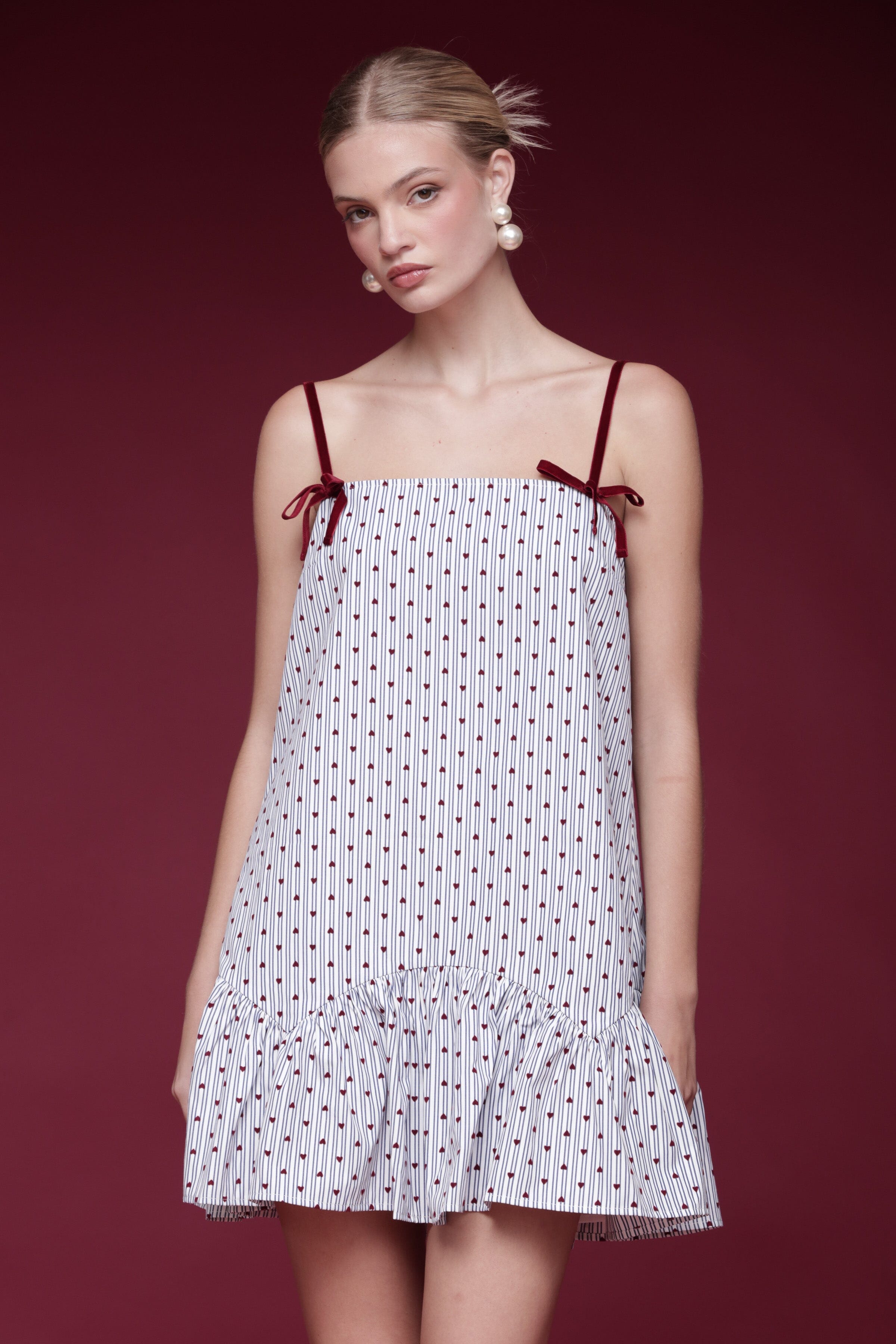 Heart-print blue stripe babydoll mini dress with adjustable spaghetti straps and square neckline - Shop designer women's mini dresses by Avec Les Filles