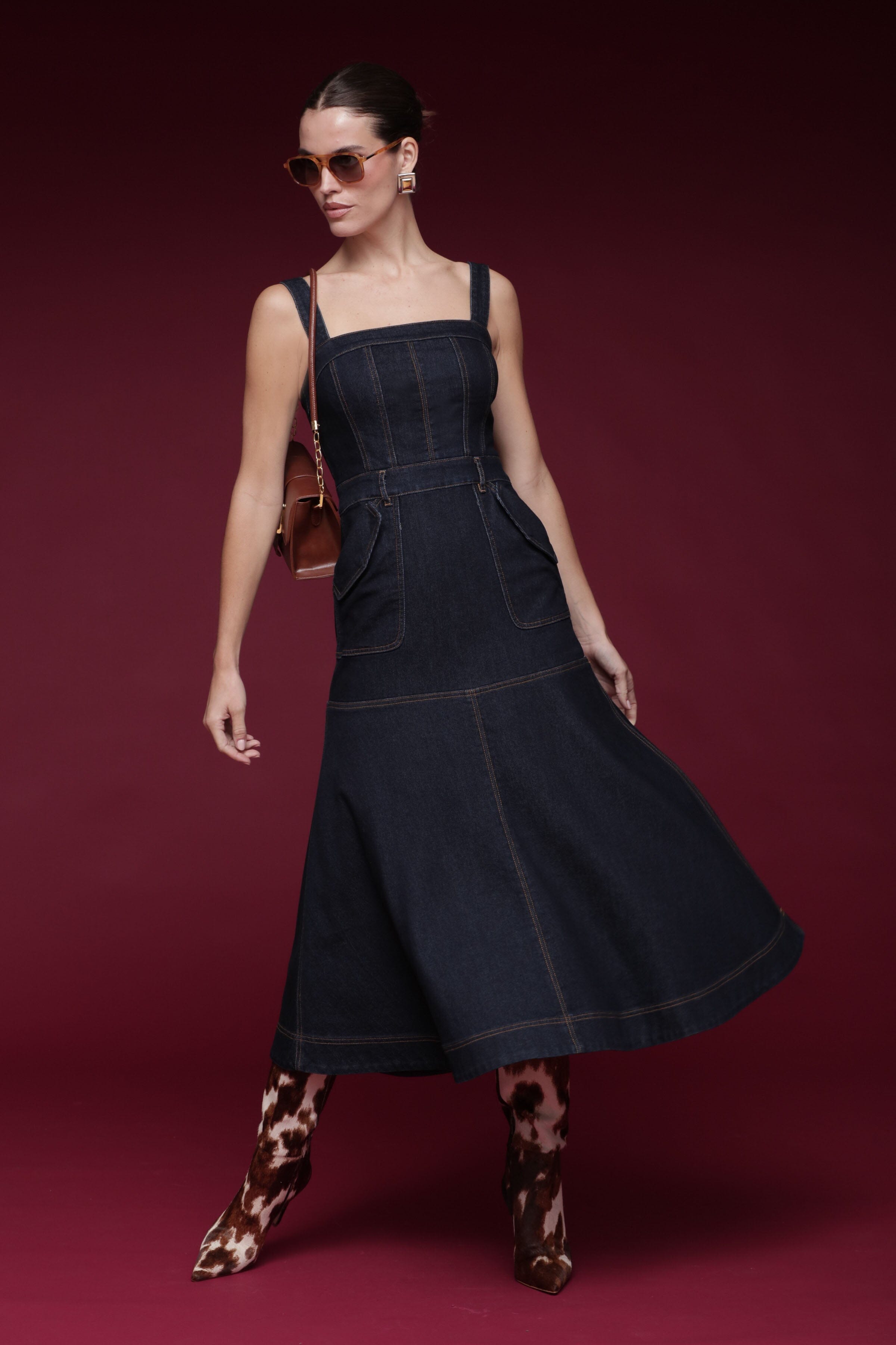 Denim utility indigo blue midi dress with adjustable wide straps and fitted corset-style - Shop designer women's midi dresses by Avec Les Filles
