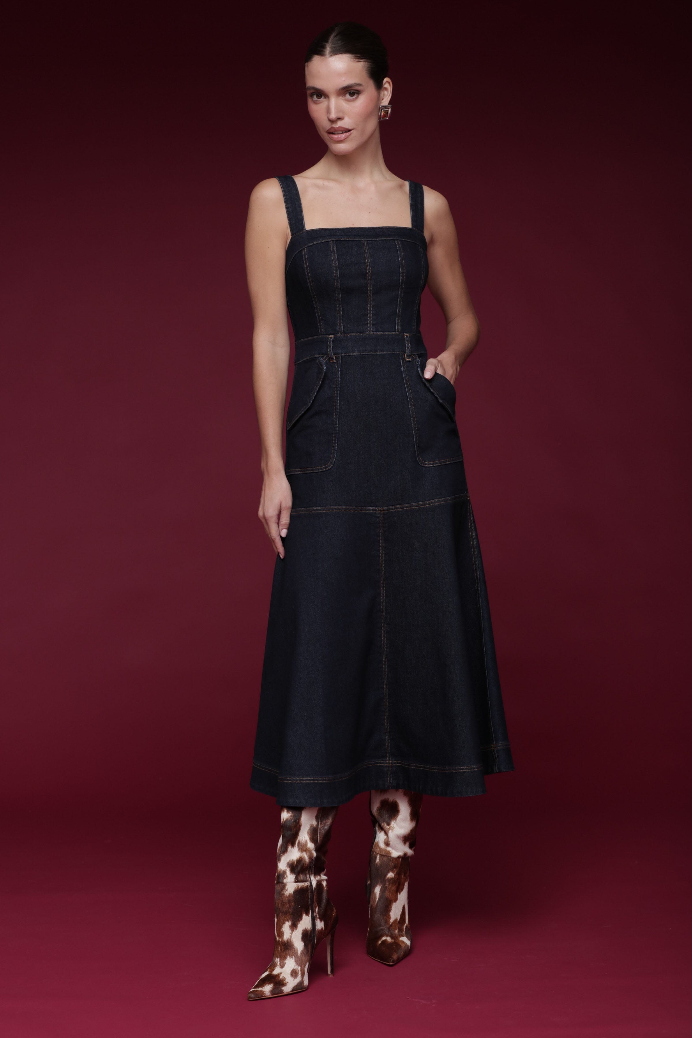 Denim utility indigo blue midi dress with adjustable wide straps and fitted corset-style - Shop designer women's midi dresses by Avec Les Filles