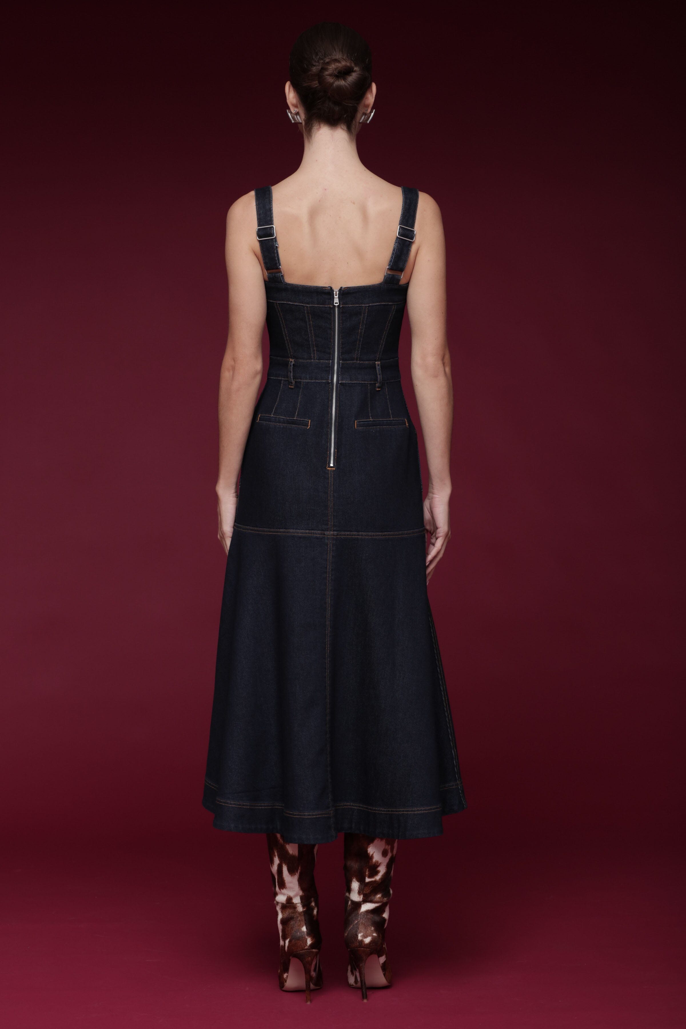 Denim utility indigo blue midi dress with adjustable wide straps and fitted corset-style - Shop designer women's midi dresses by Avec Les Filles