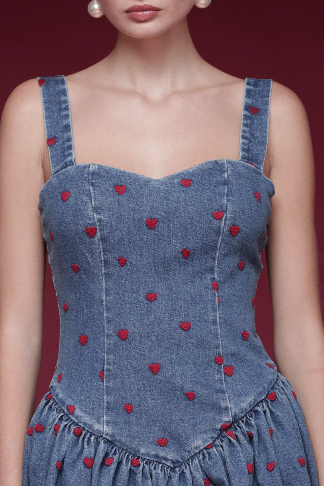 Heart Embroidered Denim Drop-Waist Blue Mini Dress