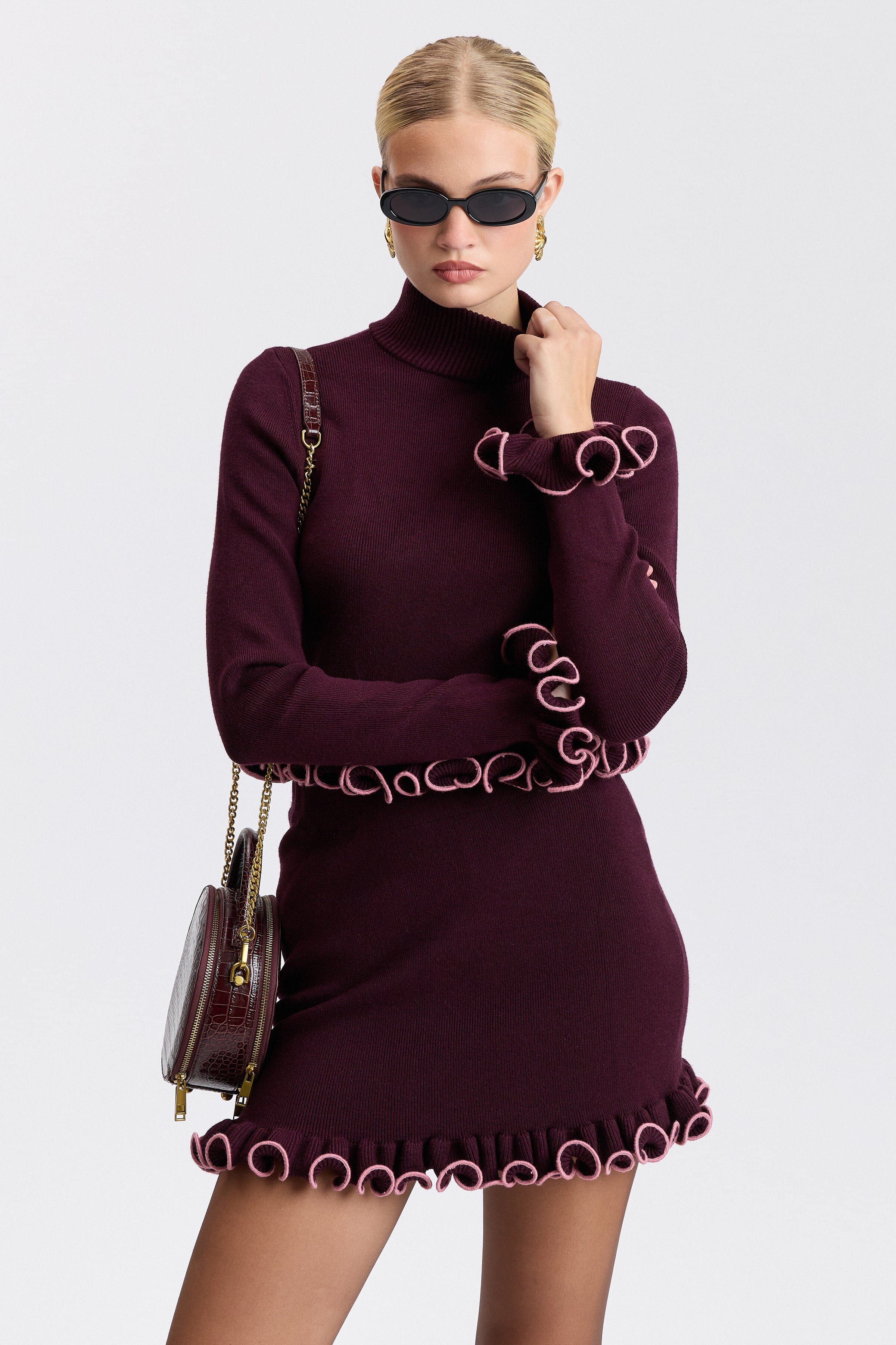 Burgundy cropped sweater mock neck with long sleeves and ruffled hem - Shop women's sweaters by Avec Les Filles.