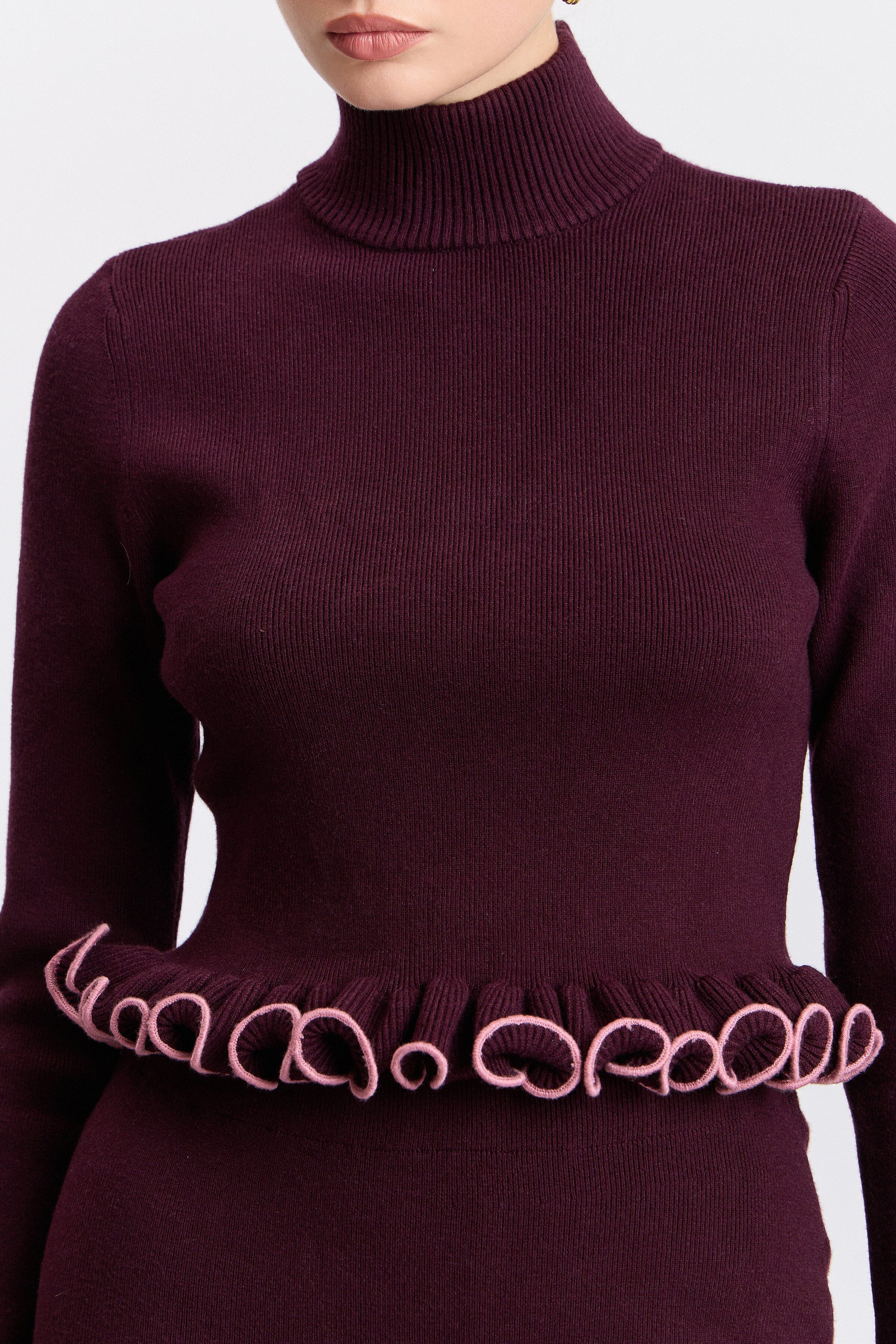 Burgundy cropped mock neck sweater ruffle - Shop designer women's cute cropped sweaters by Avec Les Filles.