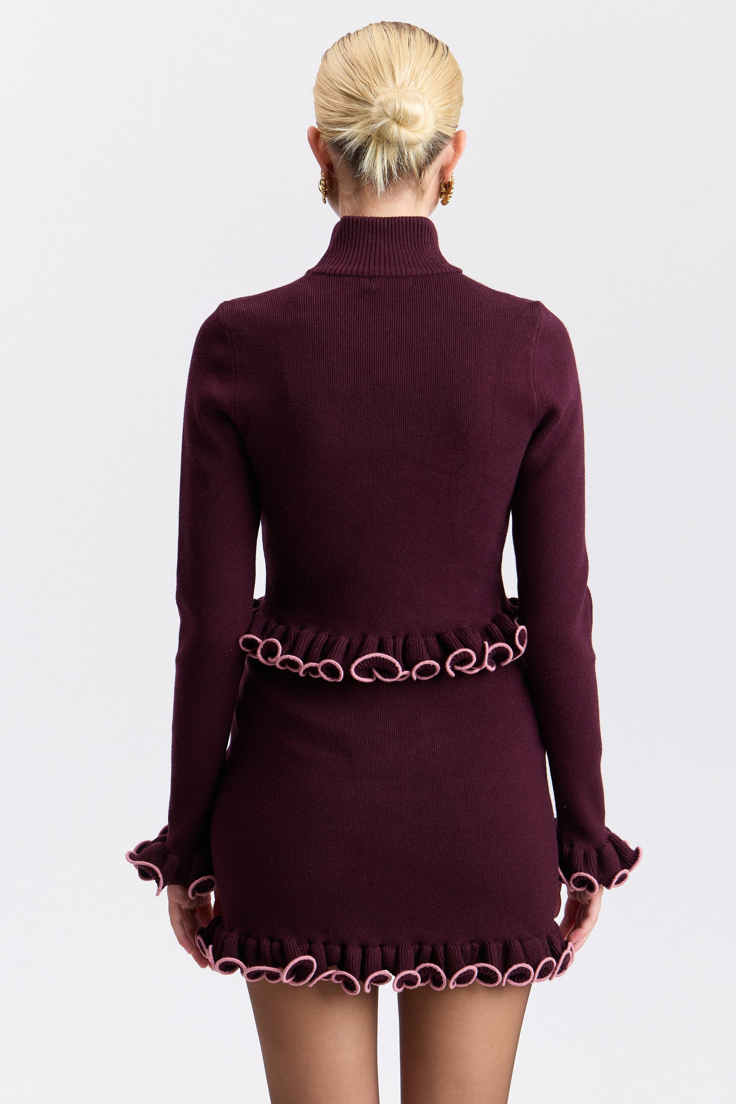 Burgundy cropped mock neck sweater with long sleeves - Shop womens ruffle top by Avec Les Filles.