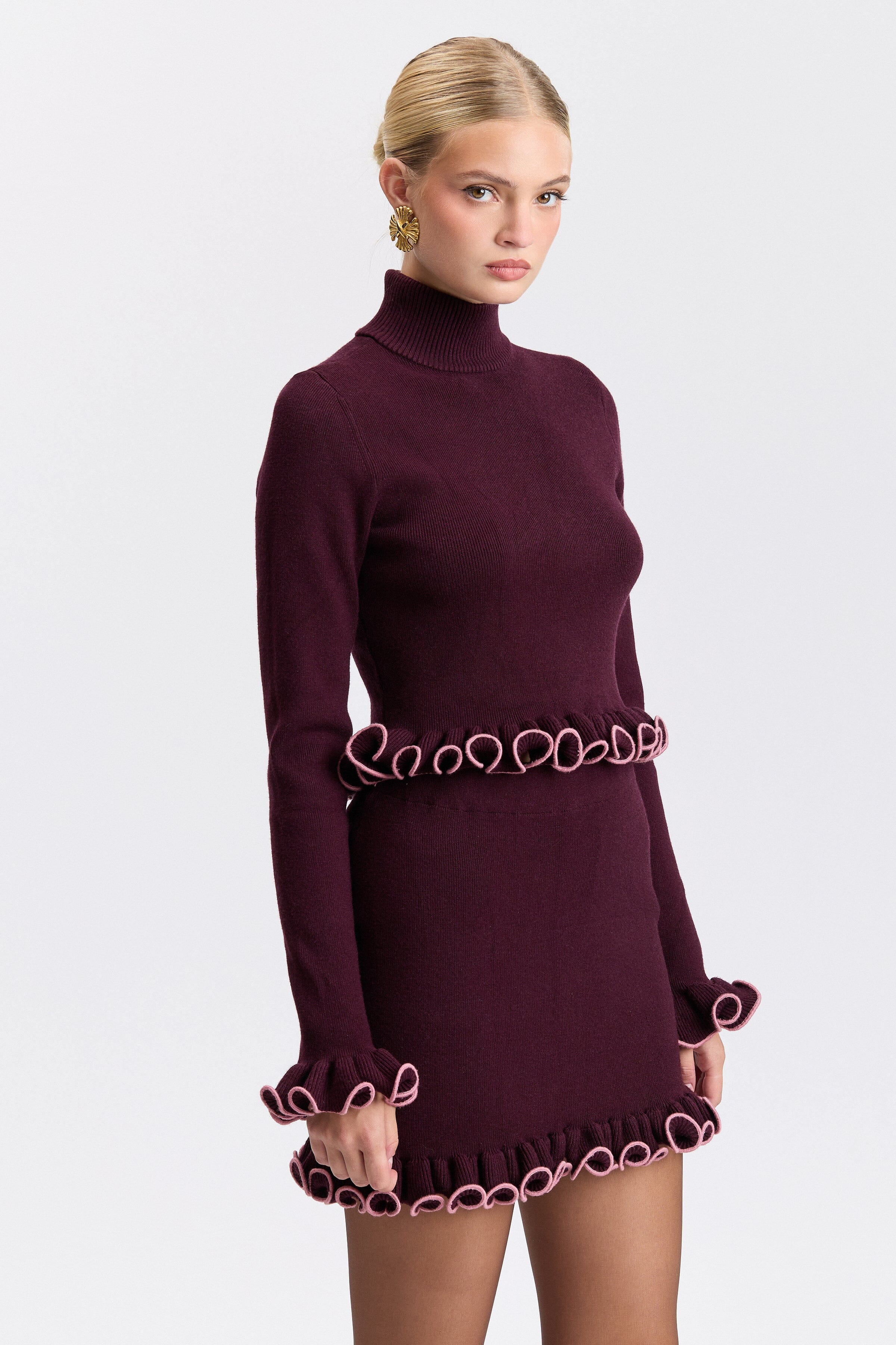 Burgundy cropped mock neck sweater with long sleeves and ruffled hem - Shop women's sweaters by Avec Les Filles.