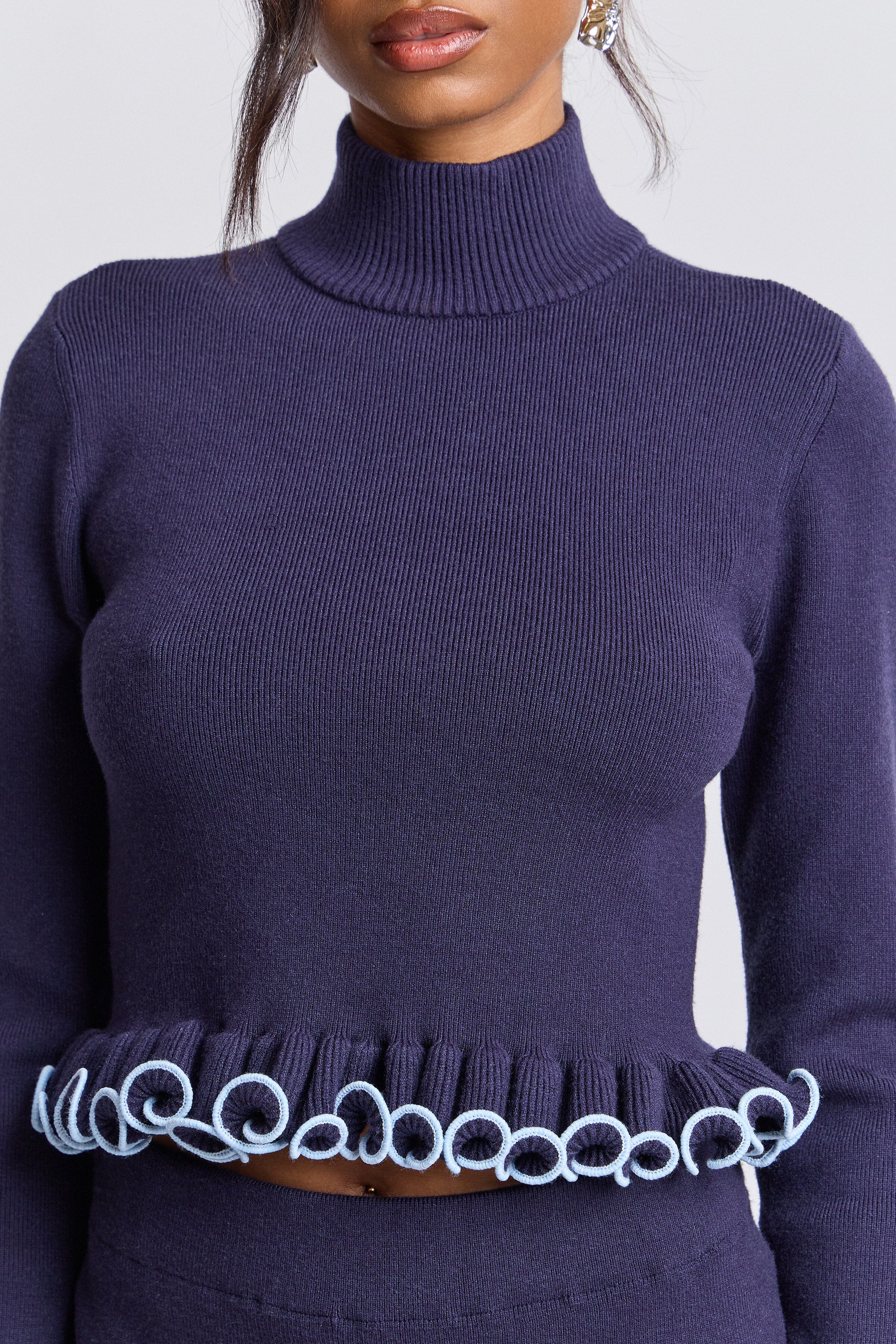 Cropped navy blue mockneck sweater ruffle with long sleeves - Shop women's cute ruffle tops by Avec Les Filles.