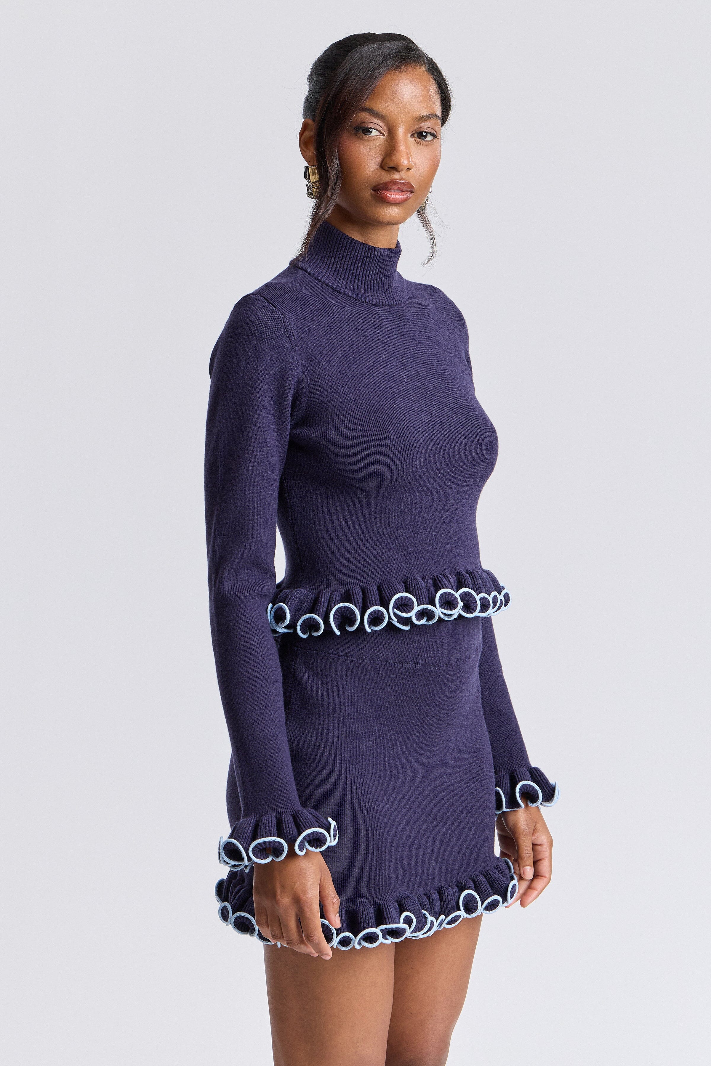 Cropped navy blue womens ruffle sweater with long sleeves - Shop designer ruffle tops by Avec Les Filles.