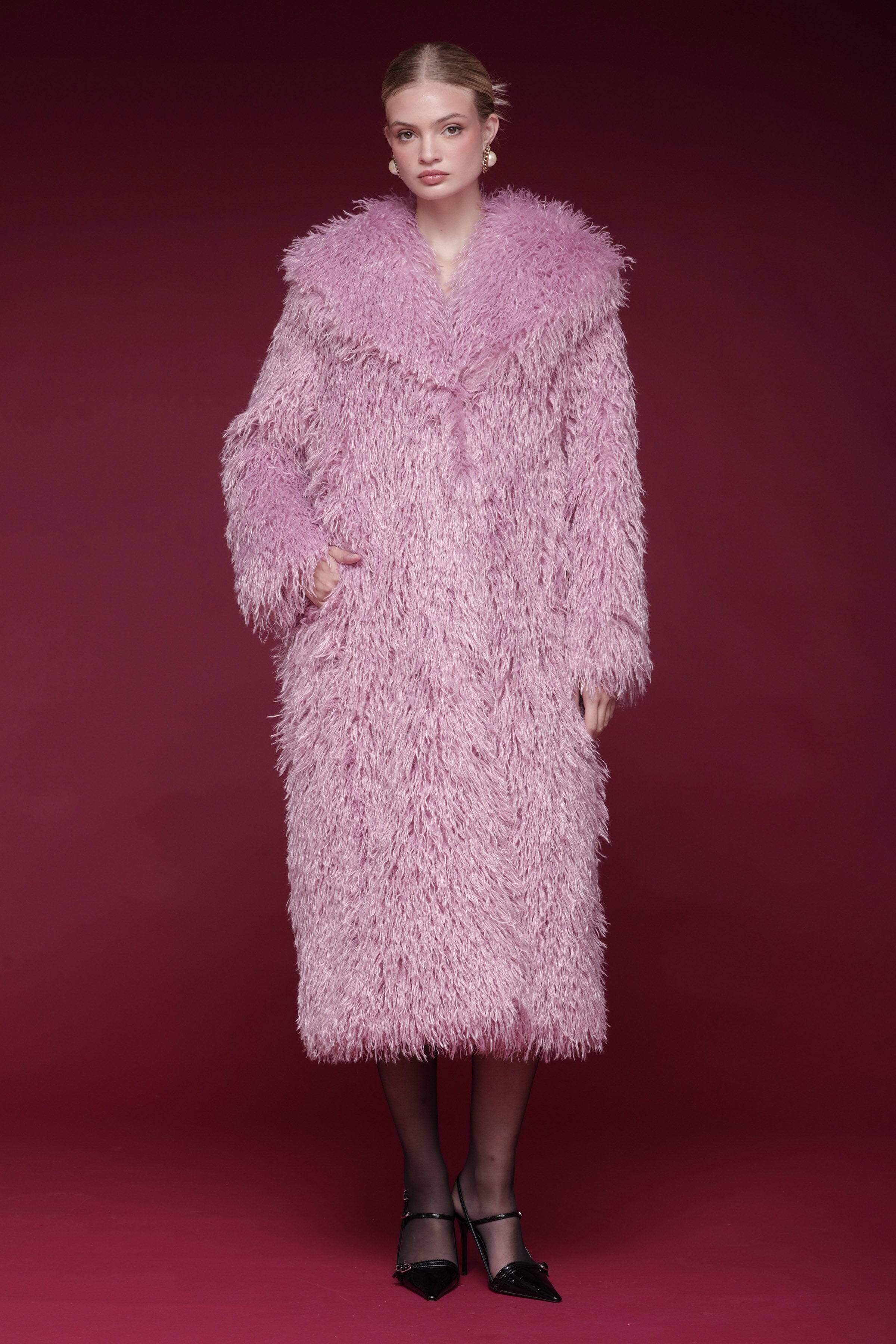 Mongolian Faux Fur Pink Maxi Coat