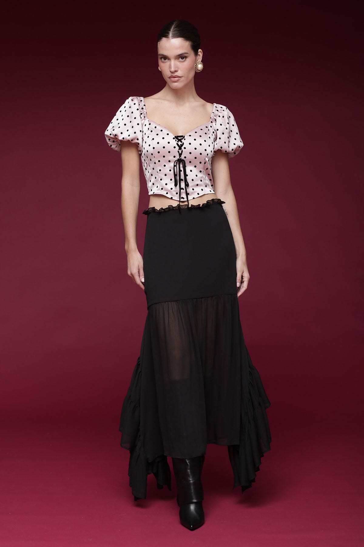 Sheer chiffon ruffle black maxi skirt with ruffle tiers and asymmetrical hem - Shop designer women's maxi skirts by Avec Les Filles