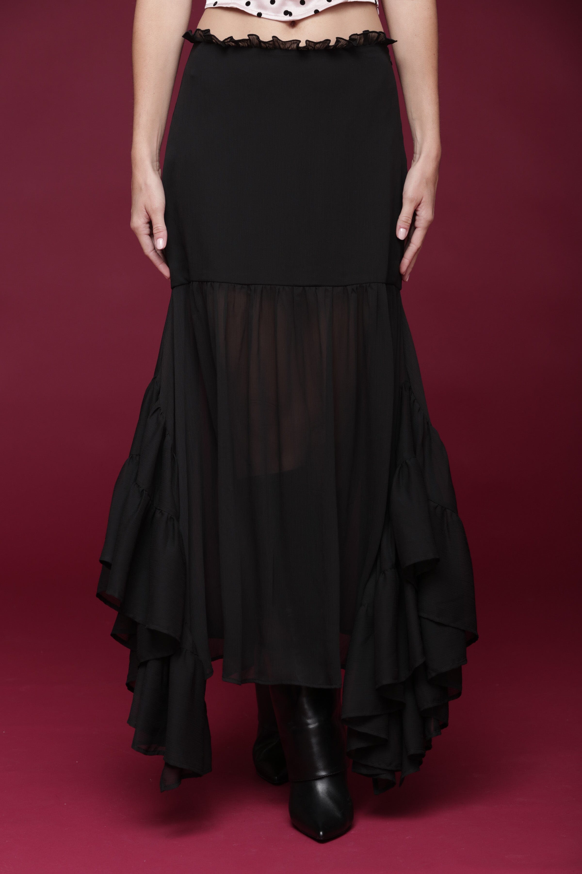 Sheer chiffon ruffle black maxi skirt with ruffle tiers and asymmetrical hem - Shop designer women's maxi skirts by Avec Les Filles