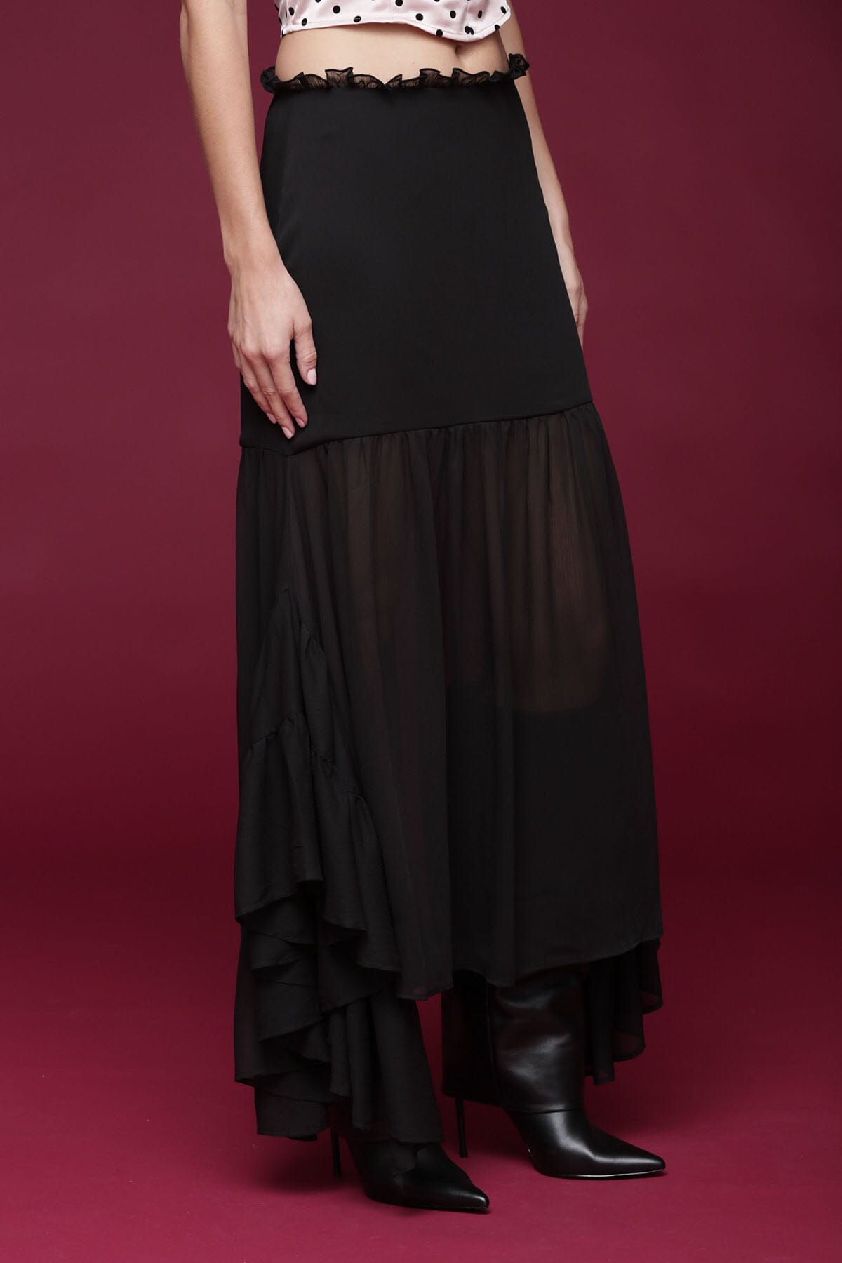 Sheer chiffon ruffle black maxi skirt with ruffle tiers and asymmetrical hem - Shop designer women's maxi skirts by Avec Les Filles